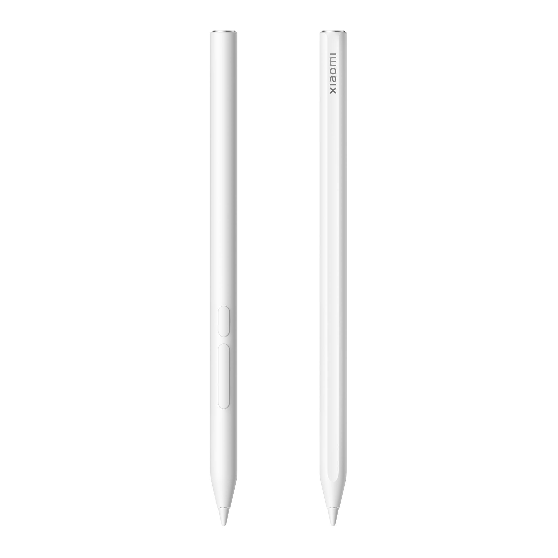 Zwei weiße Xiaomi-Stifte, einer mit und einer ohne Knöpfe, befinden sich auf einem weißen Hintergrund.