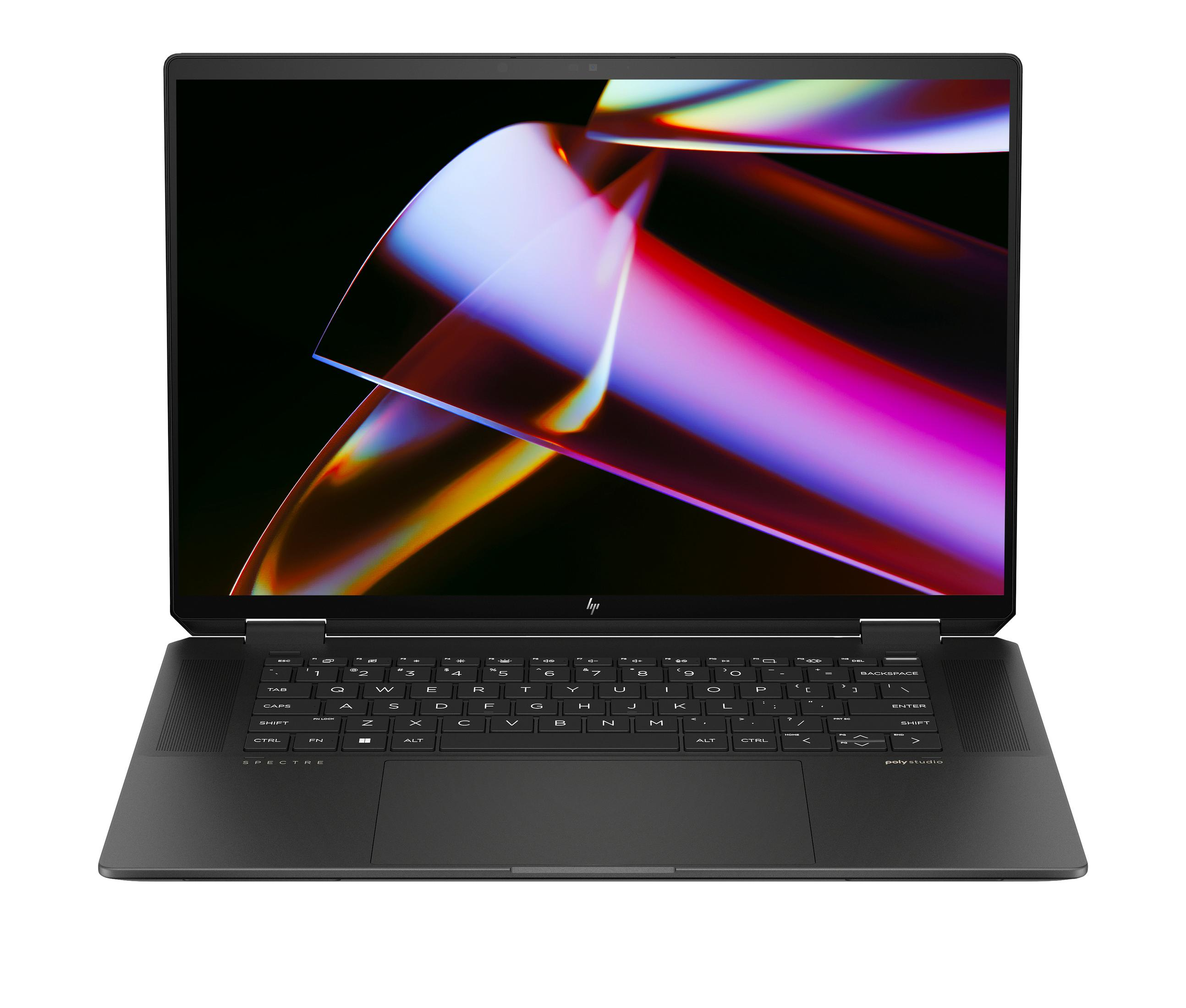 Ein schwarzer HP Spectre Laptop ist geöffnet und zeigt einen farbenfrohen, abstrakten Hintergrund auf dem Bildschirm.