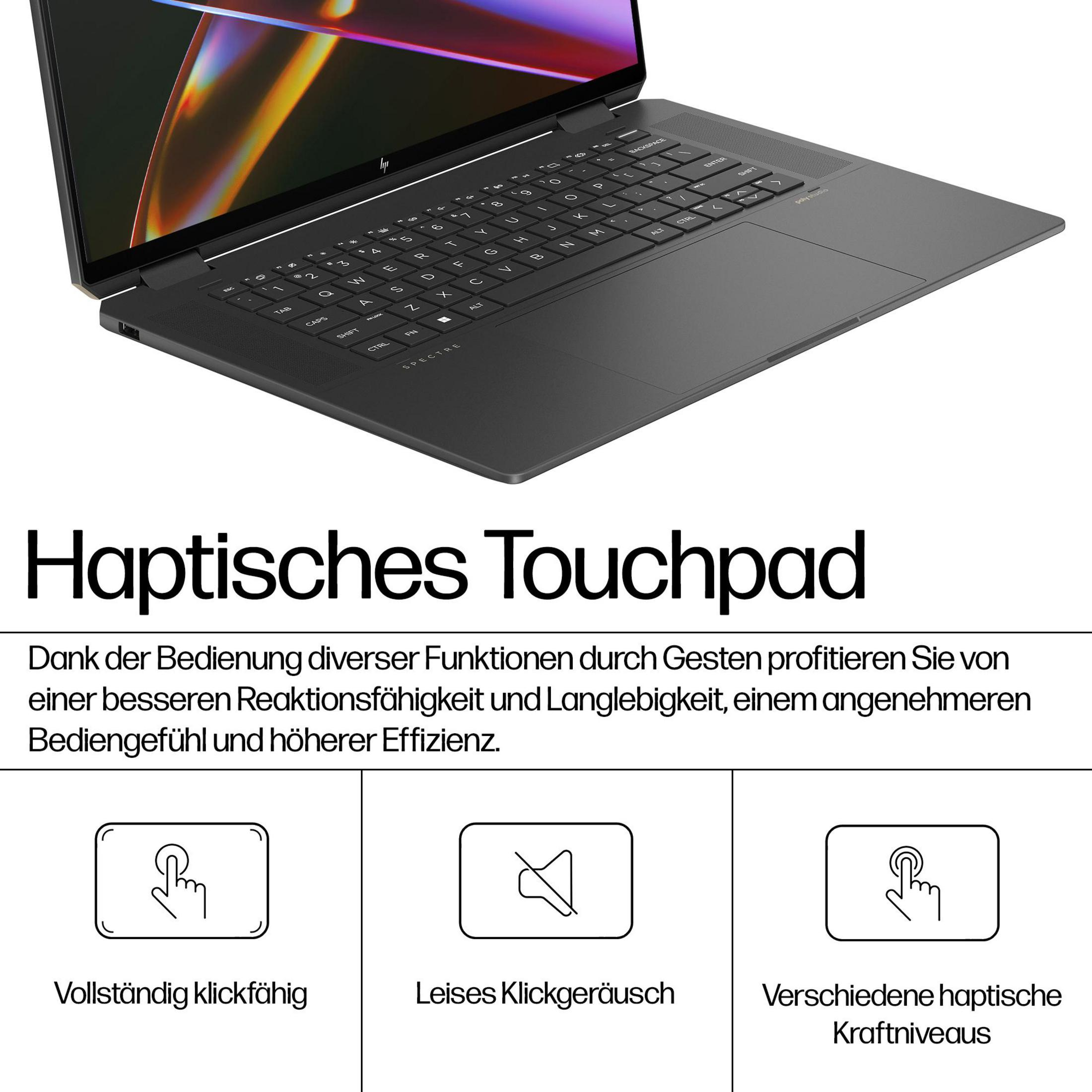 Nahaufnahme einer Laptop-Tastatur und eines Touchpads, die das haptische Feedback und die Funktionen hervorheben.