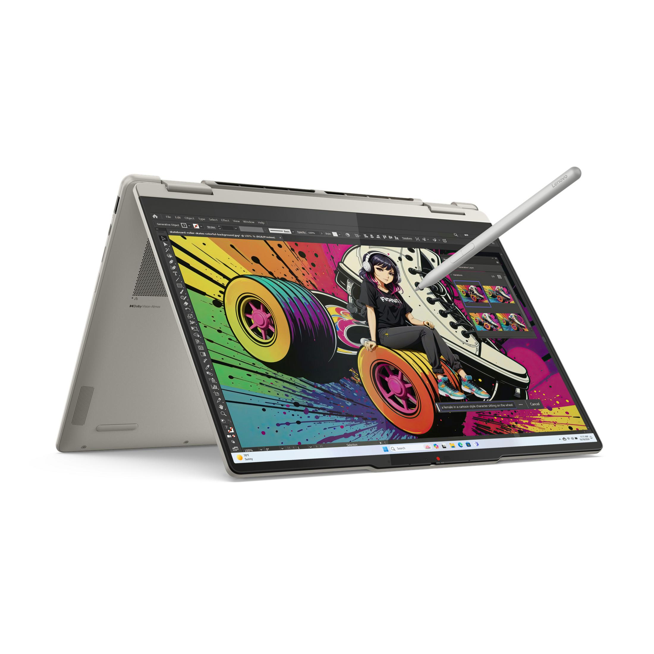 Geöffneter Laptop, der eine animierte Grafik anzeigt, mit einem Stift auf dem Bildschirm.
