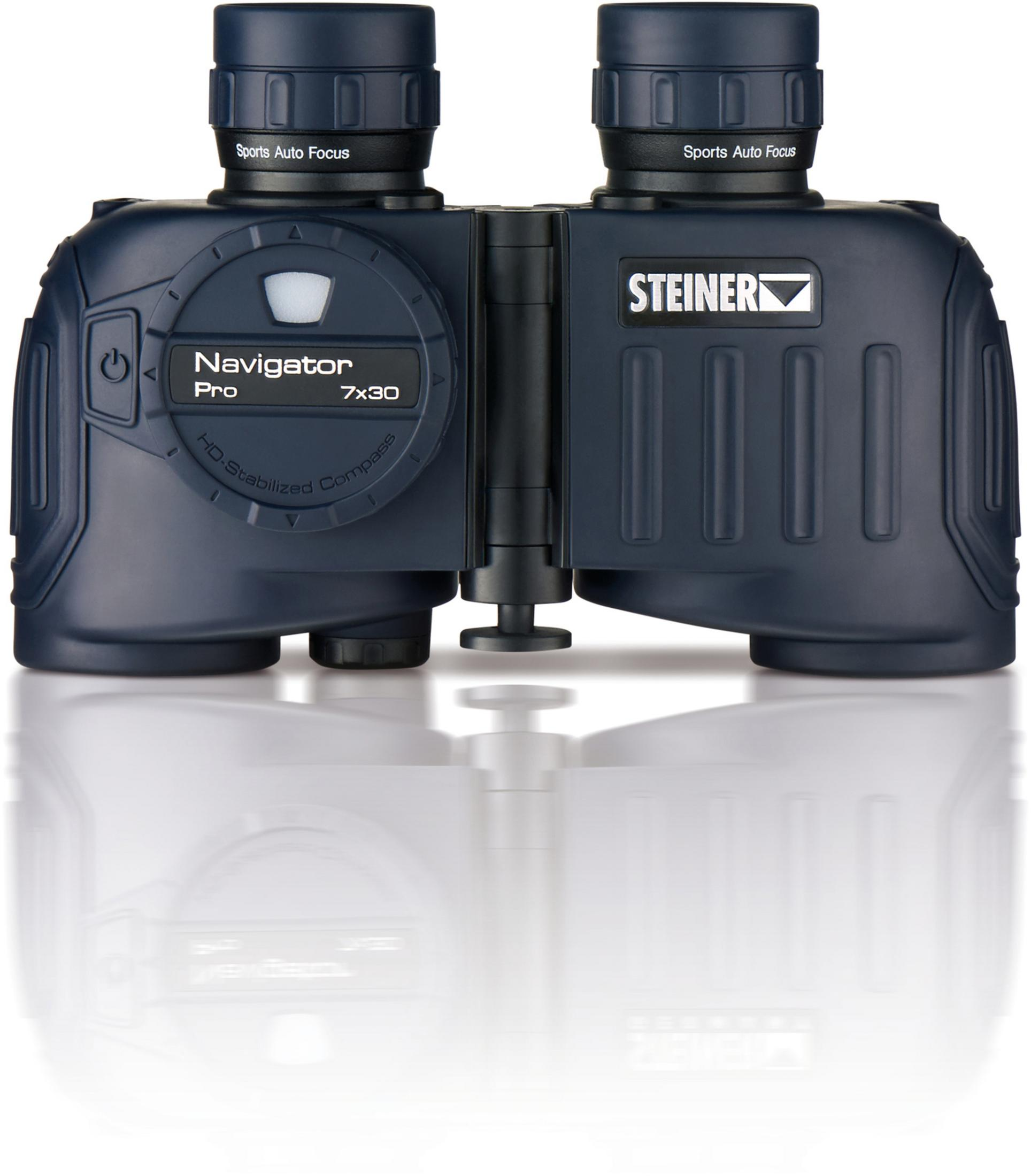 Blaues Steiner Navigator Pro 7x30 Fernglas auf einer weißen Oberfläche, das Linsen und Kompass zeigt.