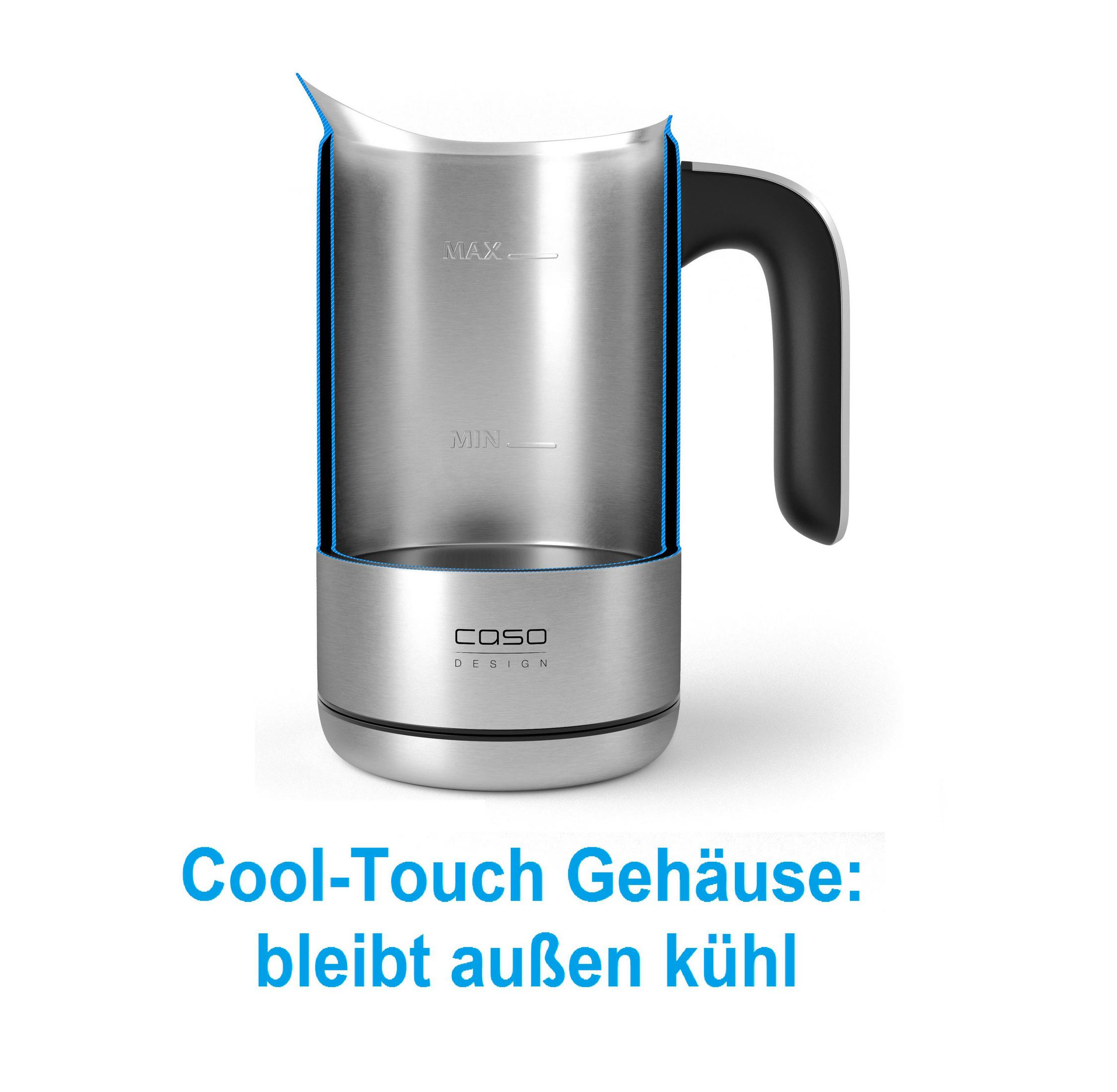 Ein silberner Wasserkocher mit schwarzem Griff und Deckel, der auf einem schwarzen Sockel mit dem CASO-Logo steht.