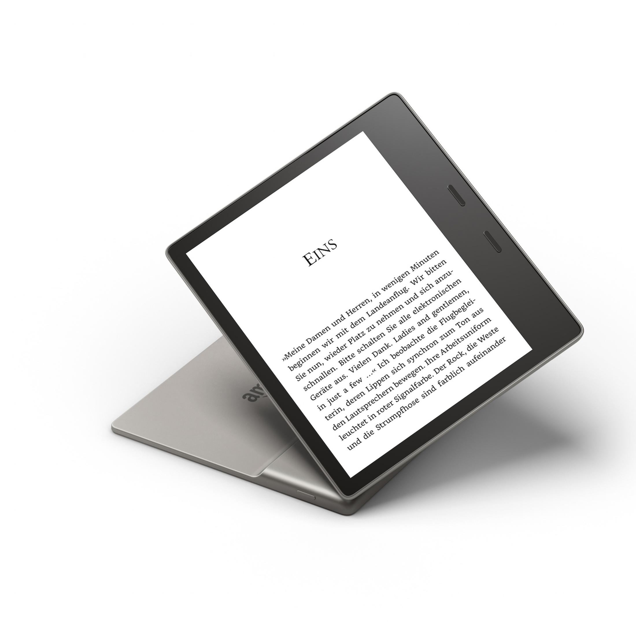 E-Reader auf dem Cover, der Text anzeigt. Das Cover ist hellgrau.
