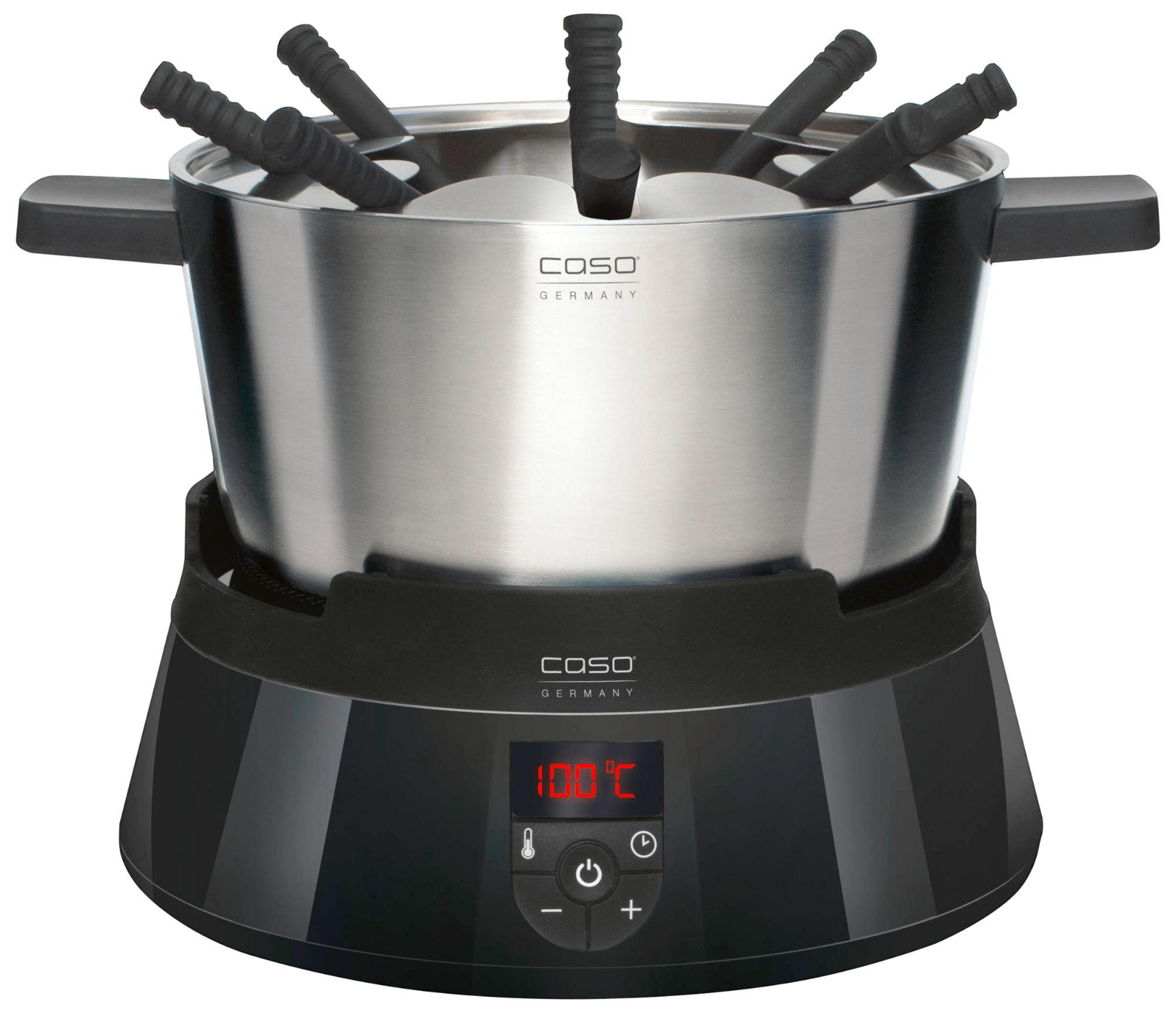Set per fonduta in acciaio inossidabile con manici e base neri. Il display indica 100 gradi Celsius.