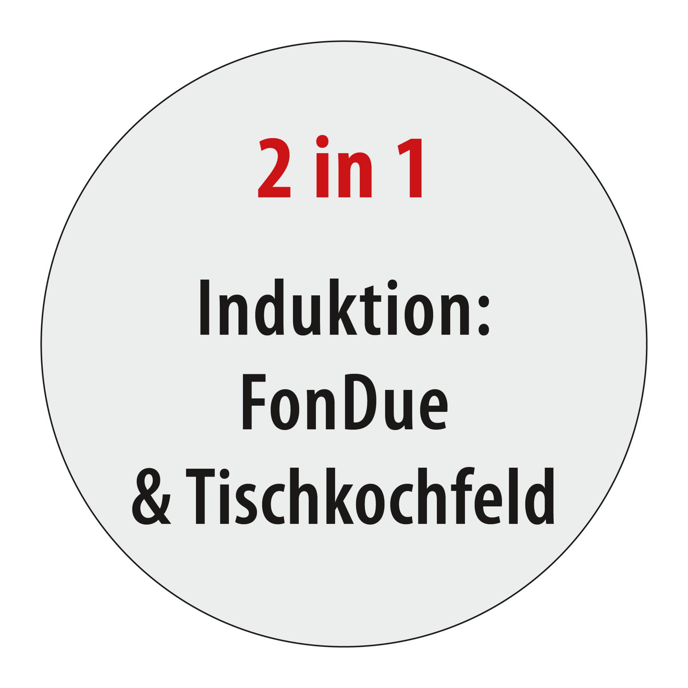 Un cerchio bianco con il testo "2 in 1" e "Induktion: FonDue & Tischkochfeld" scritto in tedesco.