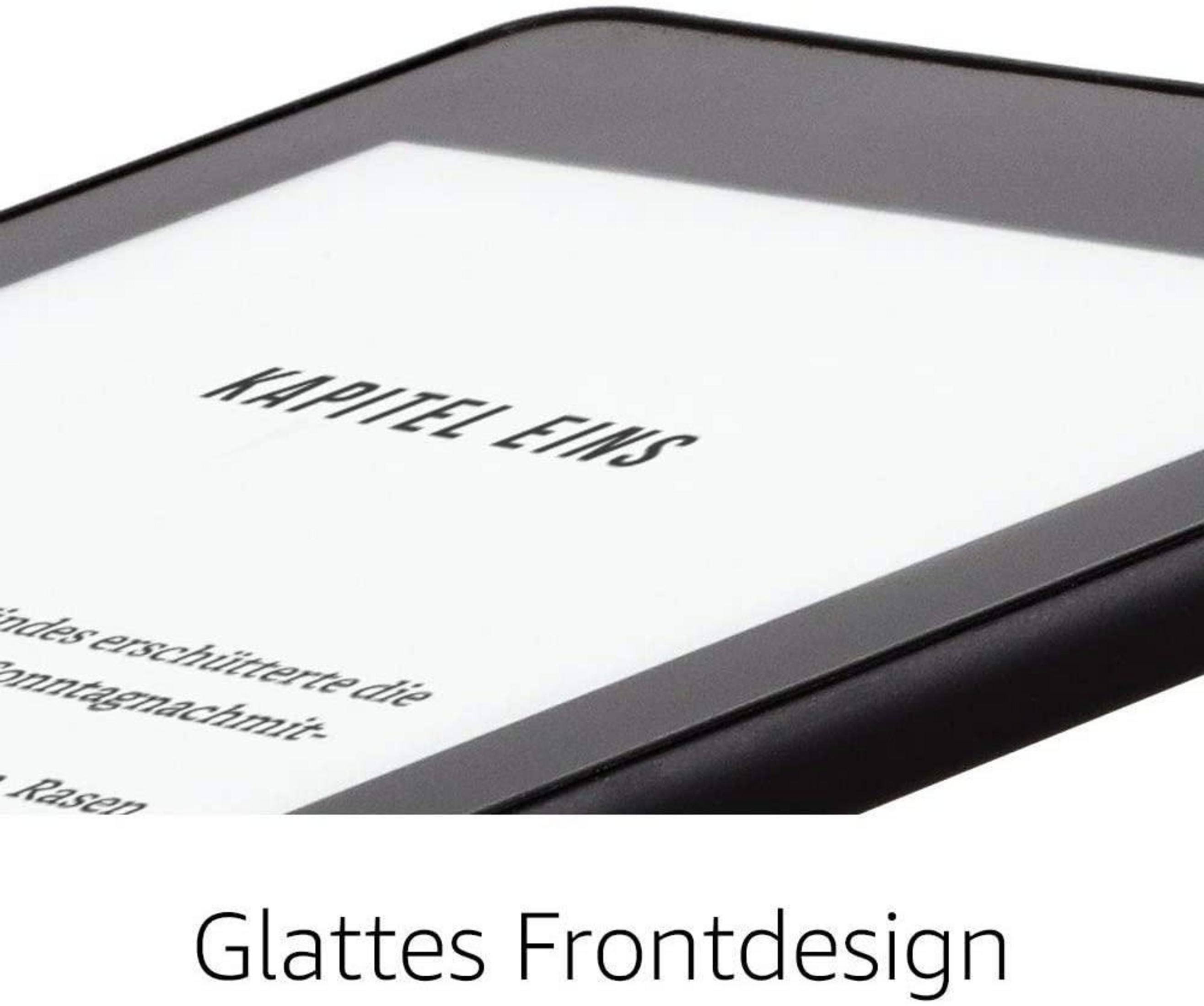 Eine Nahaufnahme eines schwarzen Kindle E-Readers, der deutschen Text anzeigt, mit der Bildunterschrift „Glatte Frontdesign“.