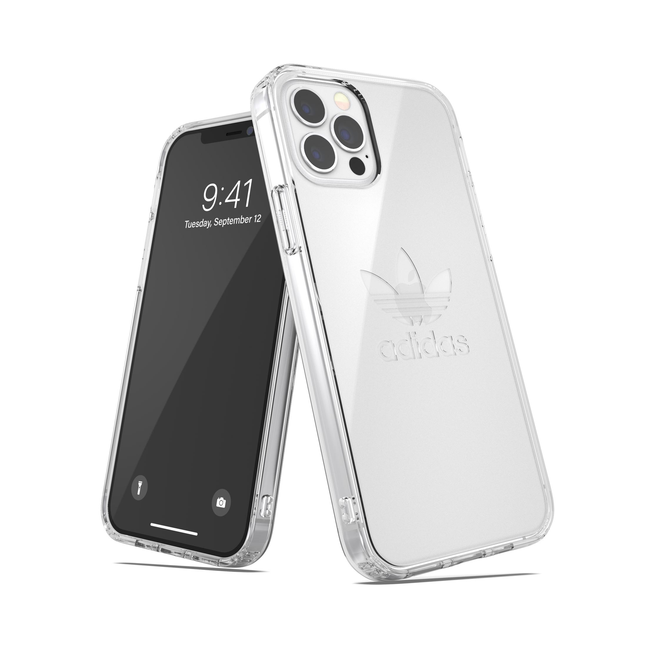 Un telefono in una custodia trasparente con il logo Adidas, accanto a un altro telefono con la stessa custodia.