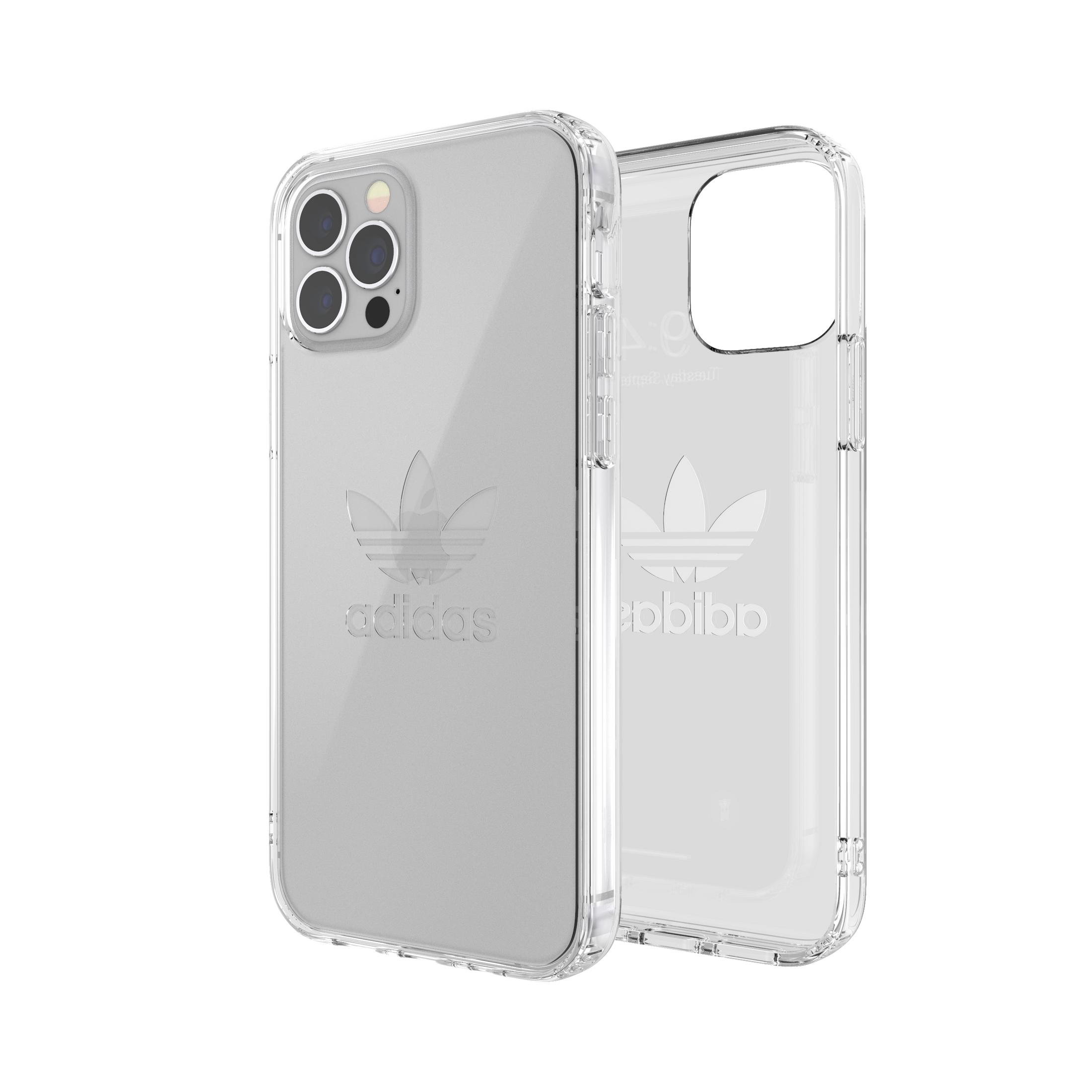 Custodia trasparente per telefono con logo Adidas. La custodia è per un iPhone e ha un design trasparente.