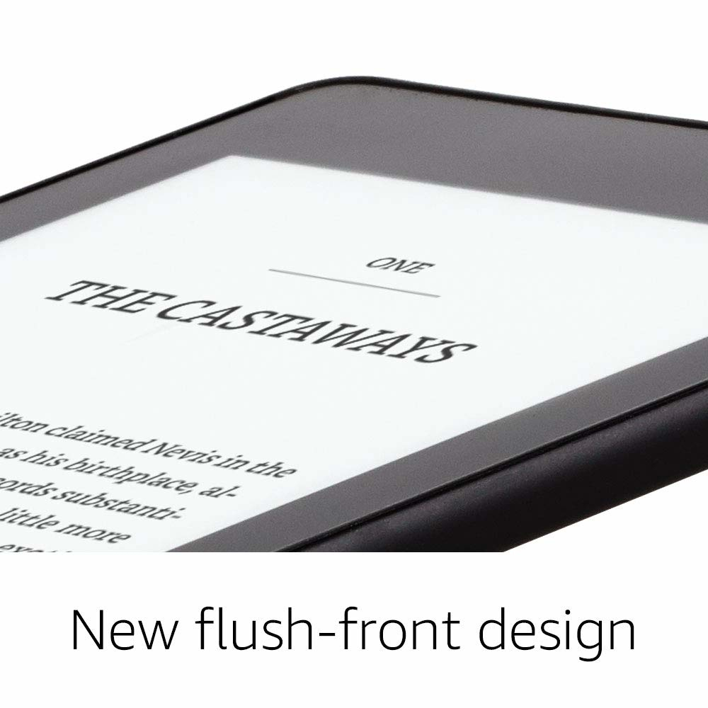 Nahaufnahme eines Kindle-Bildschirms, der die Wörter „THE CASTAWAYS“ und „New Flush-Front Design“ zeigt.