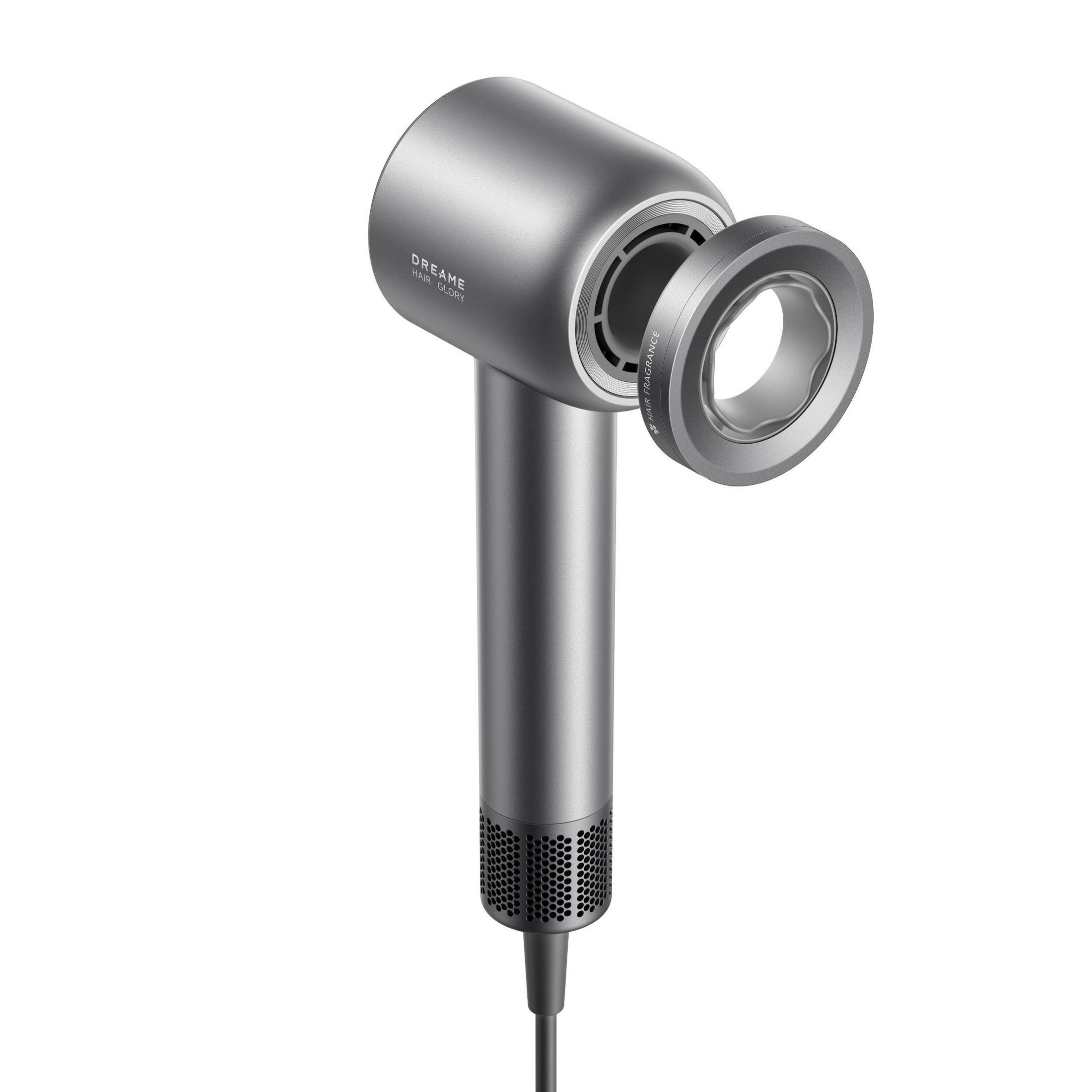 Szara suszarka do włosów z odłączaną dyszą, skierowana w lewo.