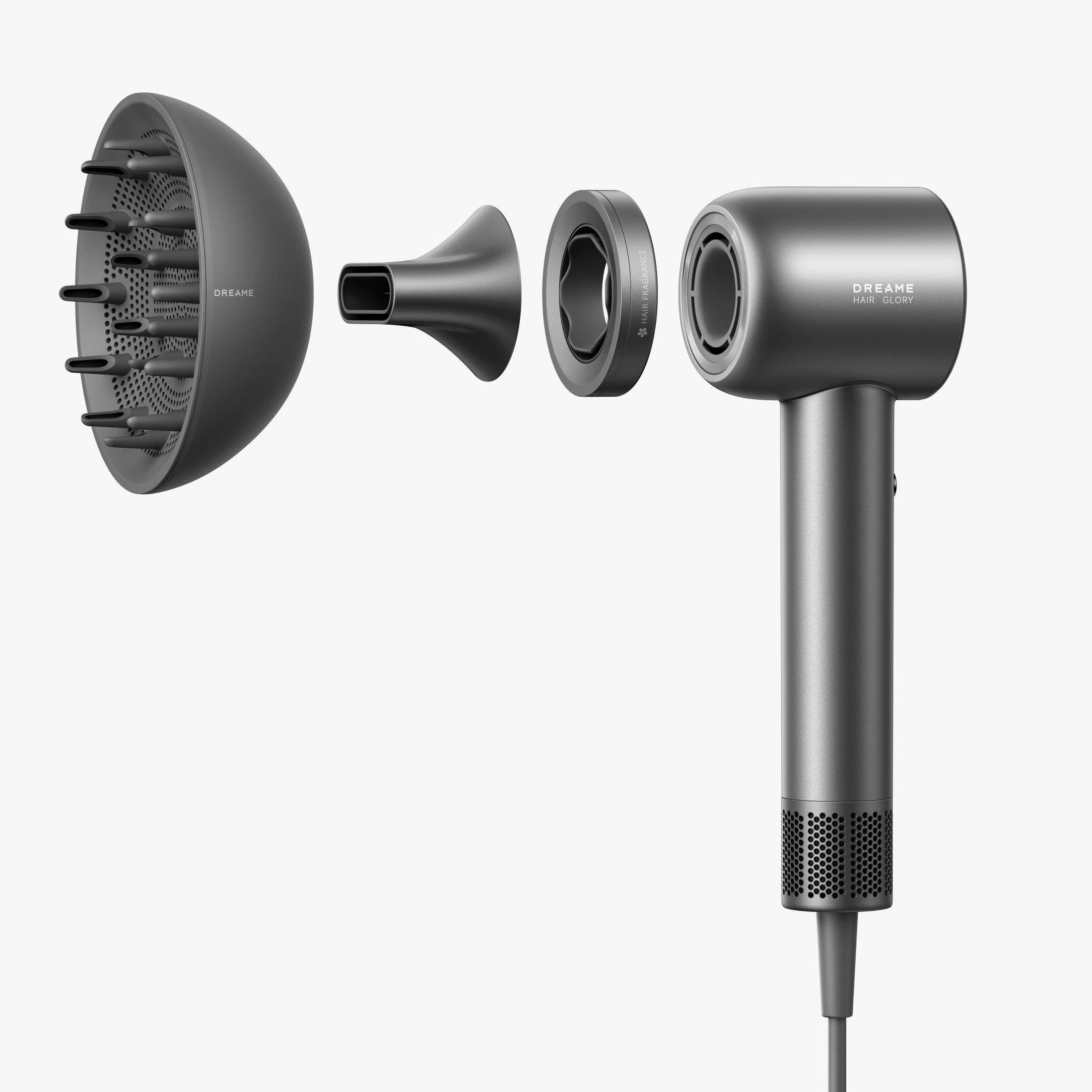 Szara suszarka do włosów z odłączanymi dyszami i nasadkami, widok z przodu.