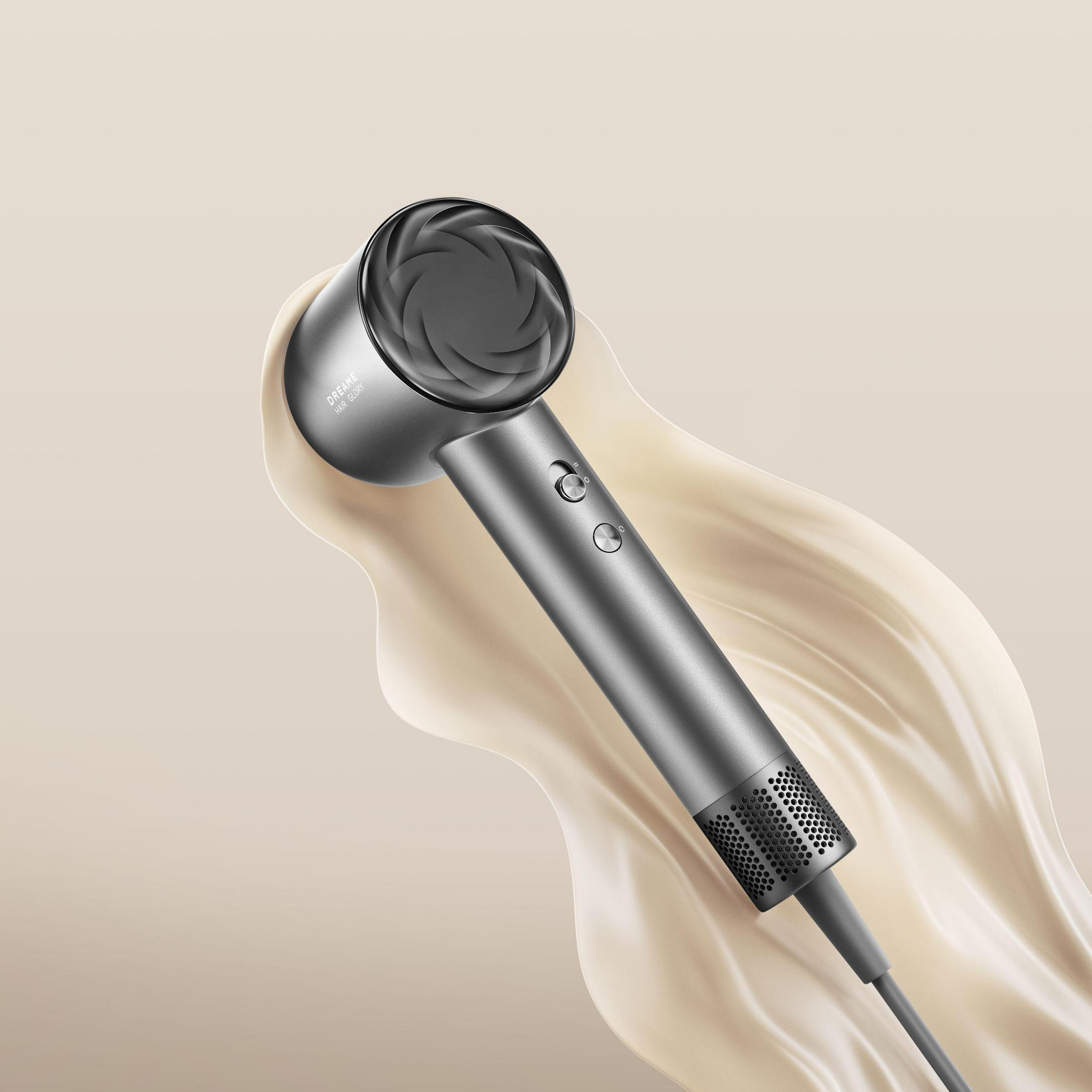 Szara suszarka do włosów z wirującym wzorem z przodu i białym przepływem z tyłu.