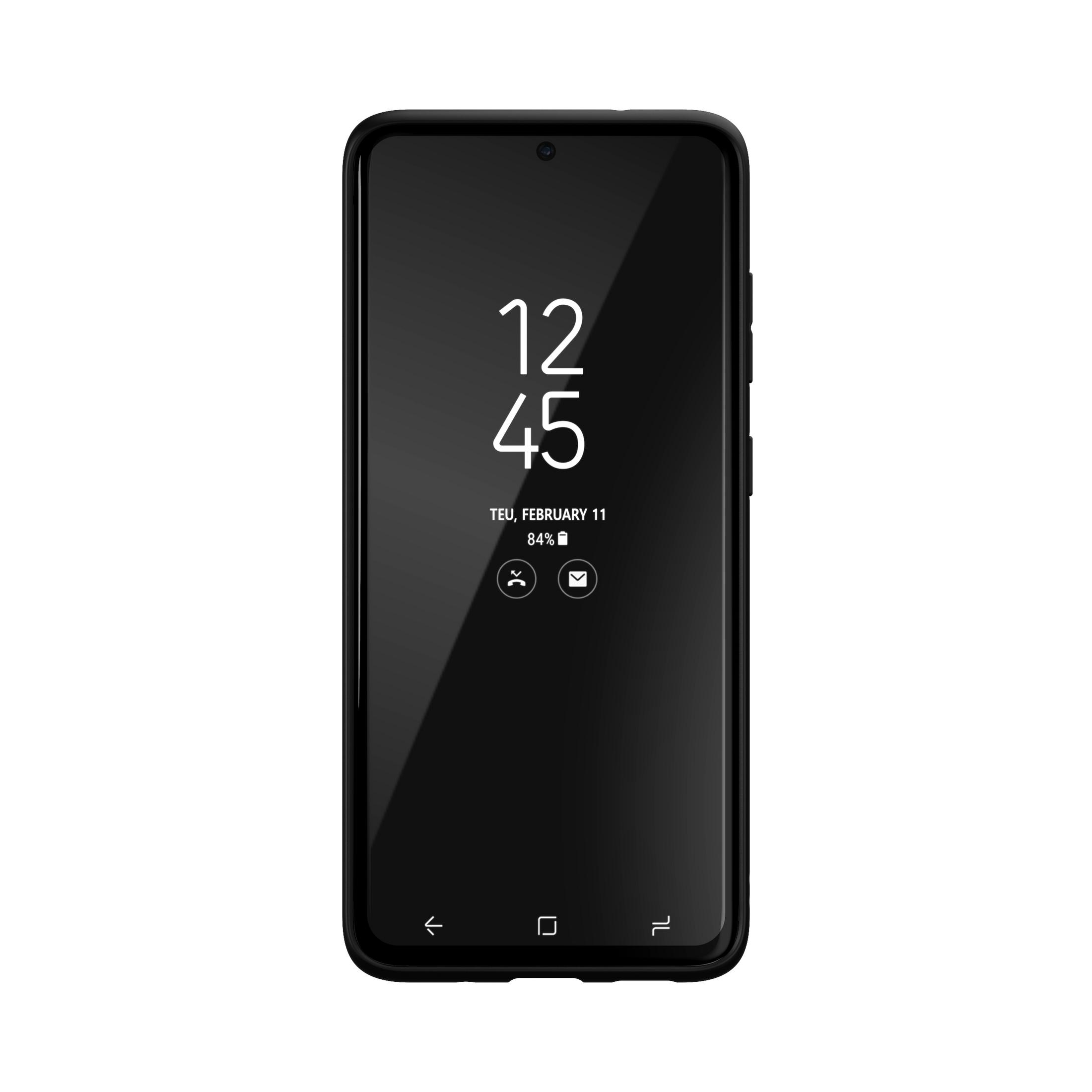 Smartphone con schermo nero che mostra l'ora e la data.