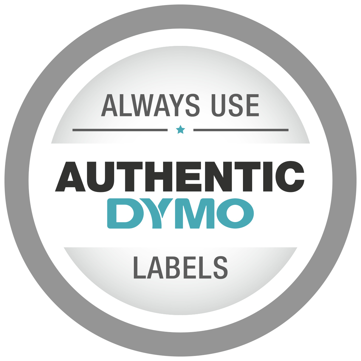 Okrągła szaro-biała naklejka z tekstem: 'ALWAYS USE AUTHENTIC DYMO LABELS'.