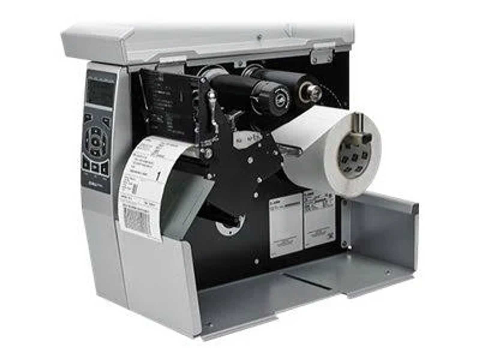 Wnętrze drukarki etykiet, pokazujące mechanizm drukowania i rolkę papieru etykietowego. Izolowane.