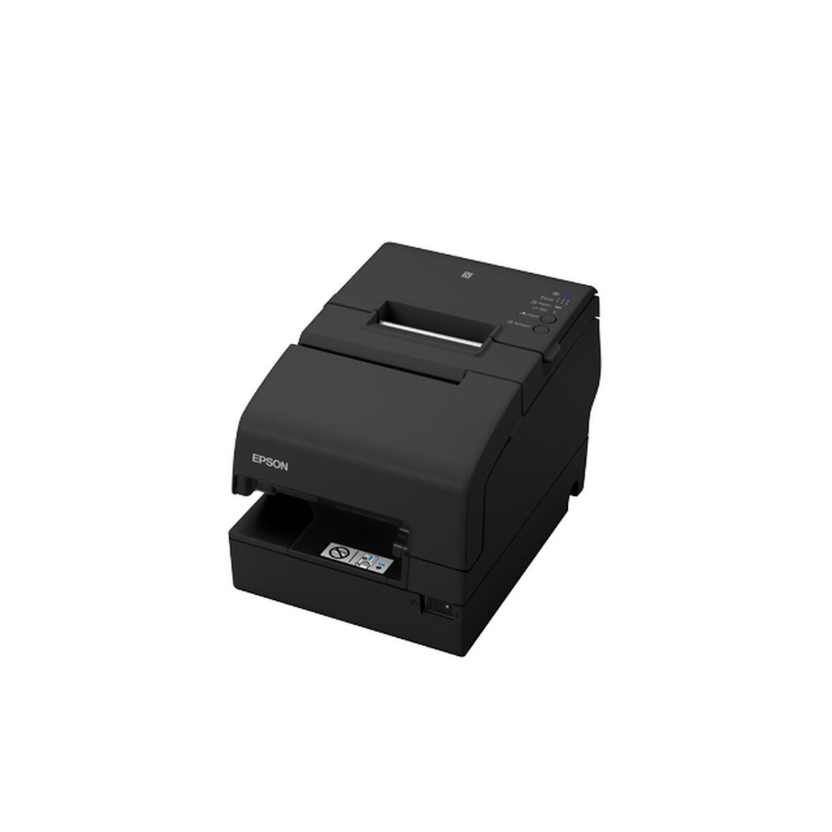 Una impresora Epson negra sobre un fondo blanco. La impresora tiene un diseño cuadrado con el logotipo de Epson en el lateral.