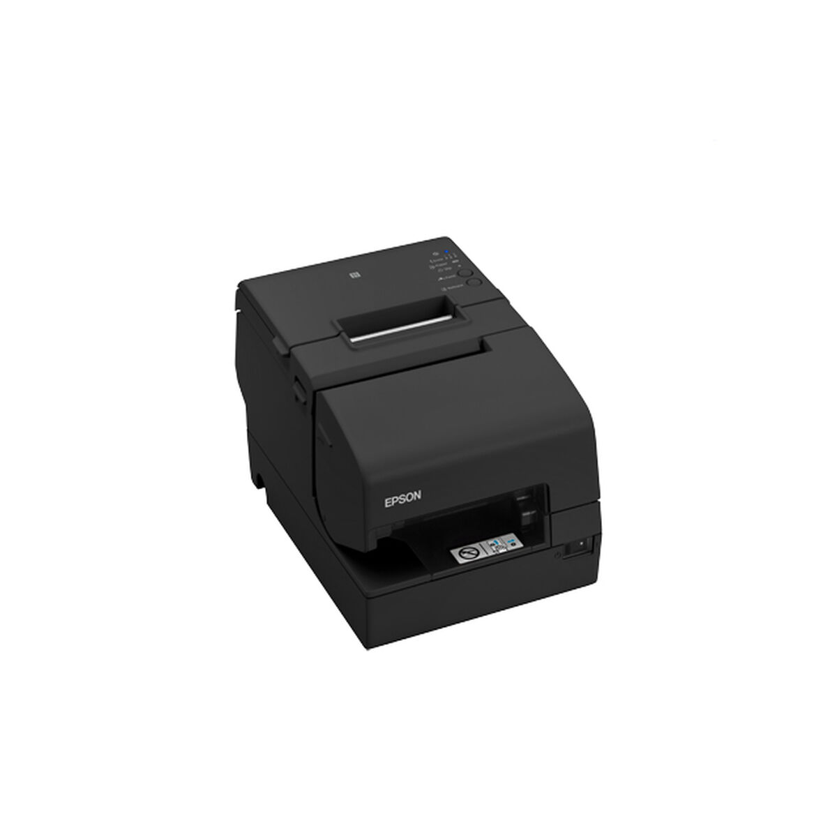 Una impresora Epson negra sobre un fondo blanco. La impresora tiene un diseño cuadrado con el logotipo de Epson en el lateral.