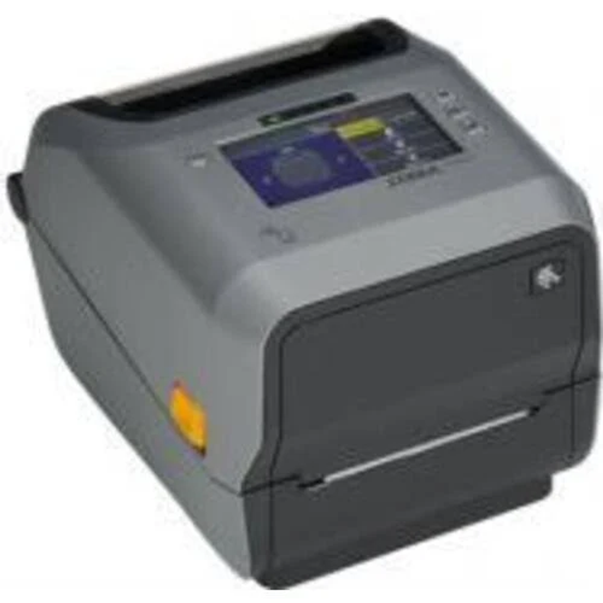 Szaro-czarna drukarka etykiet Zebra ustawiona pod kątem na białym tle.