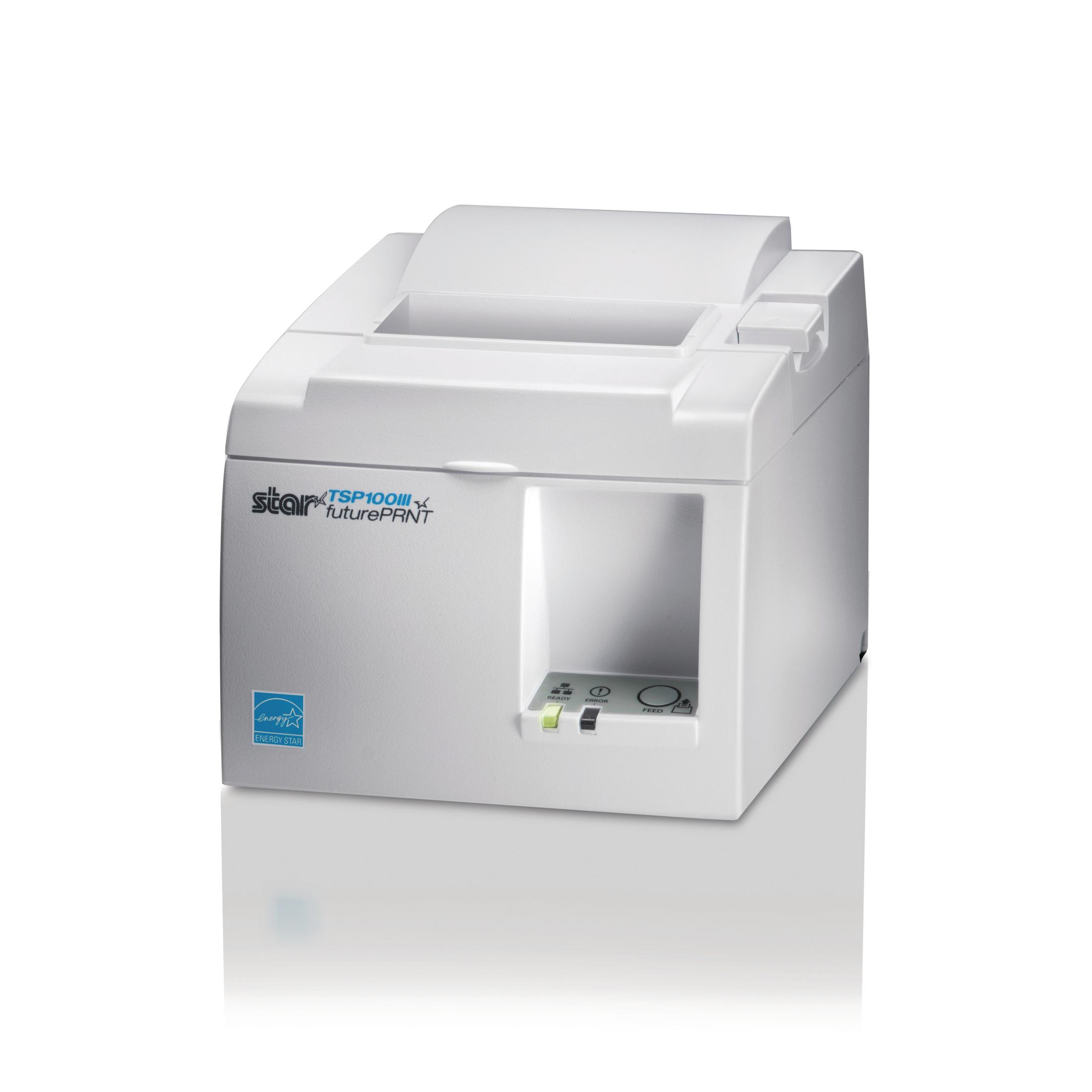 Una impresora blanca Star TSP100III se muestra en una toma de estudio, destacando su diseño y características.