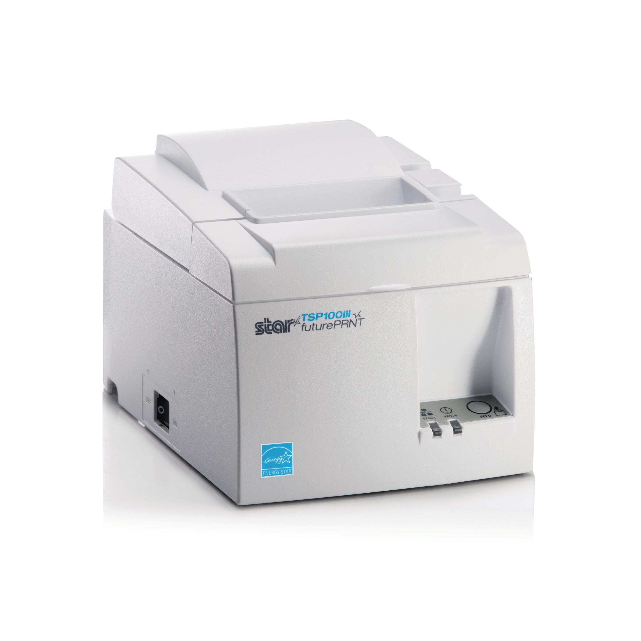 Una impresora blanca Star TSP100III se exhibe en un entorno de estudio, enfatizando su diseño limpio y funcionalidad.