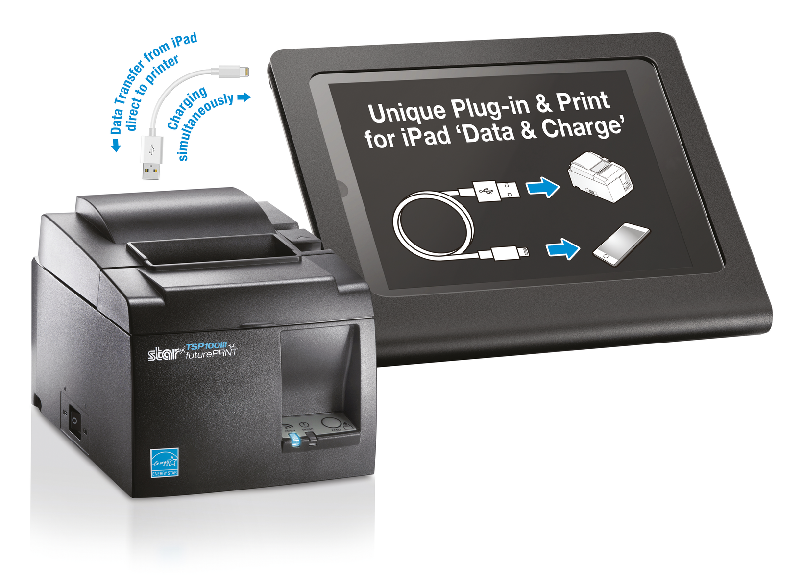 Una impresora Star TSP100 y un iPad muestran la configuración de transferencia de datos y carga, destacando la funcionalidad de conectar e imprimir.