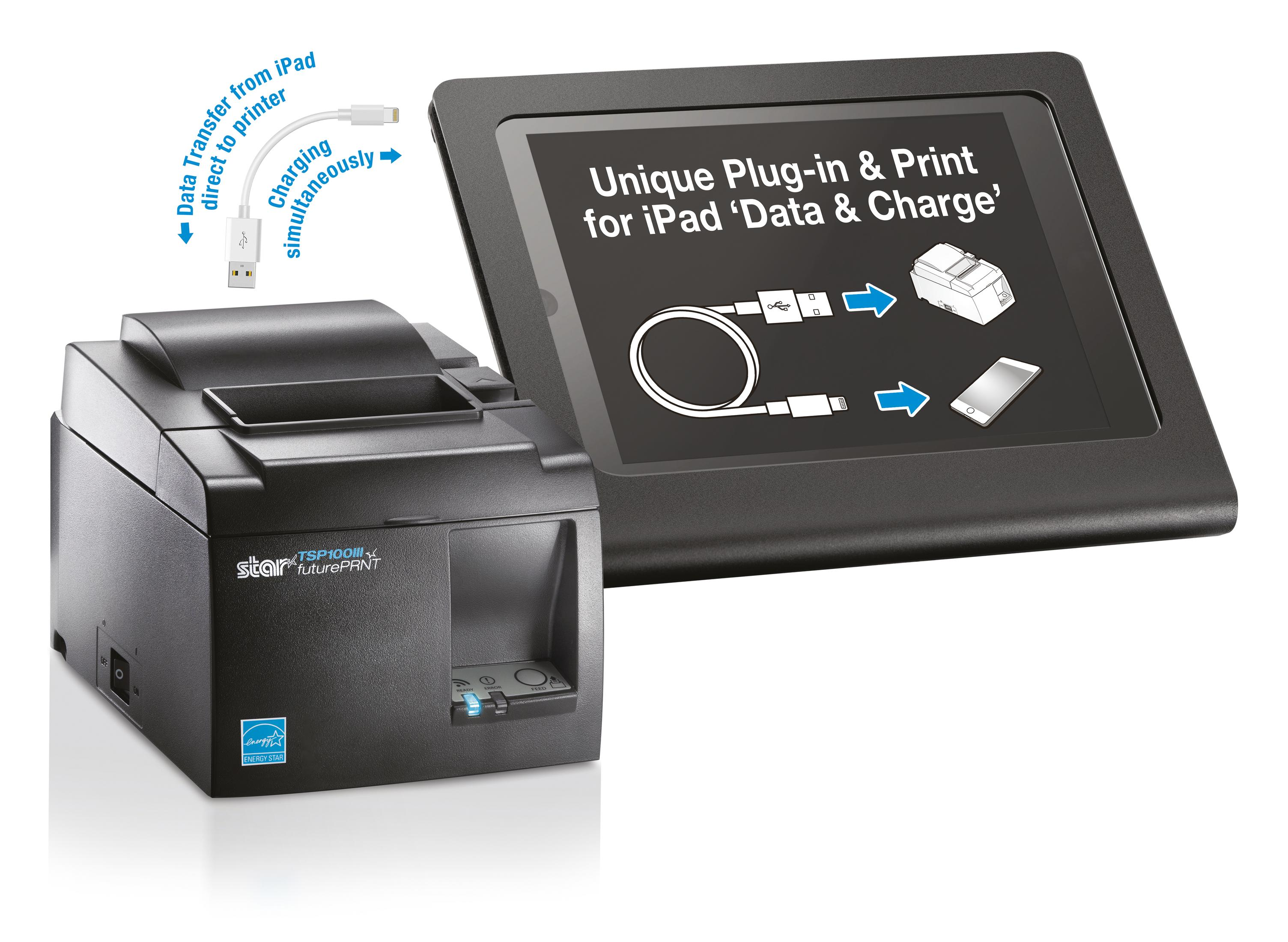 Una impresora Star TSP100 y un iPad muestran la configuración de transferencia de datos y carga, destacando la funcionalidad de conectar e imprimir.