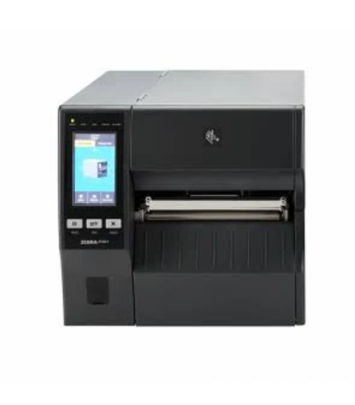 Czarna drukarka etykiet Zebra na białym tle, gotowa do drukowania etykiet.