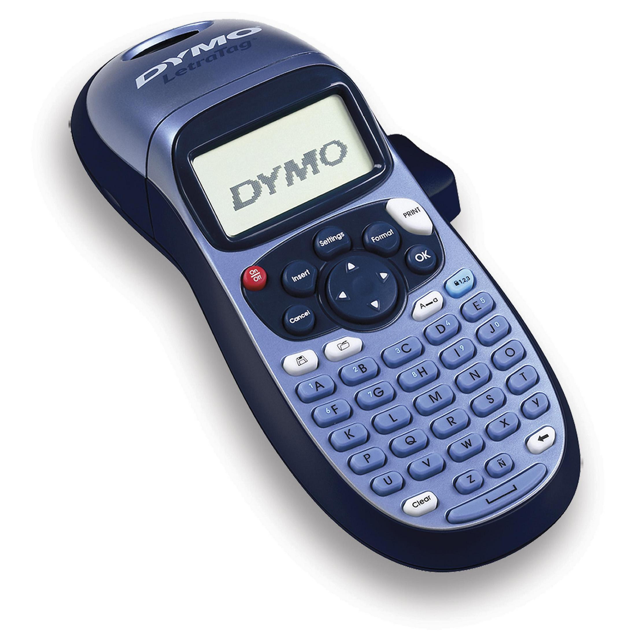 Ein blauer DYMO-Etikettendrucker mit QWERTY-Tastatur auf weißem Hintergrund.