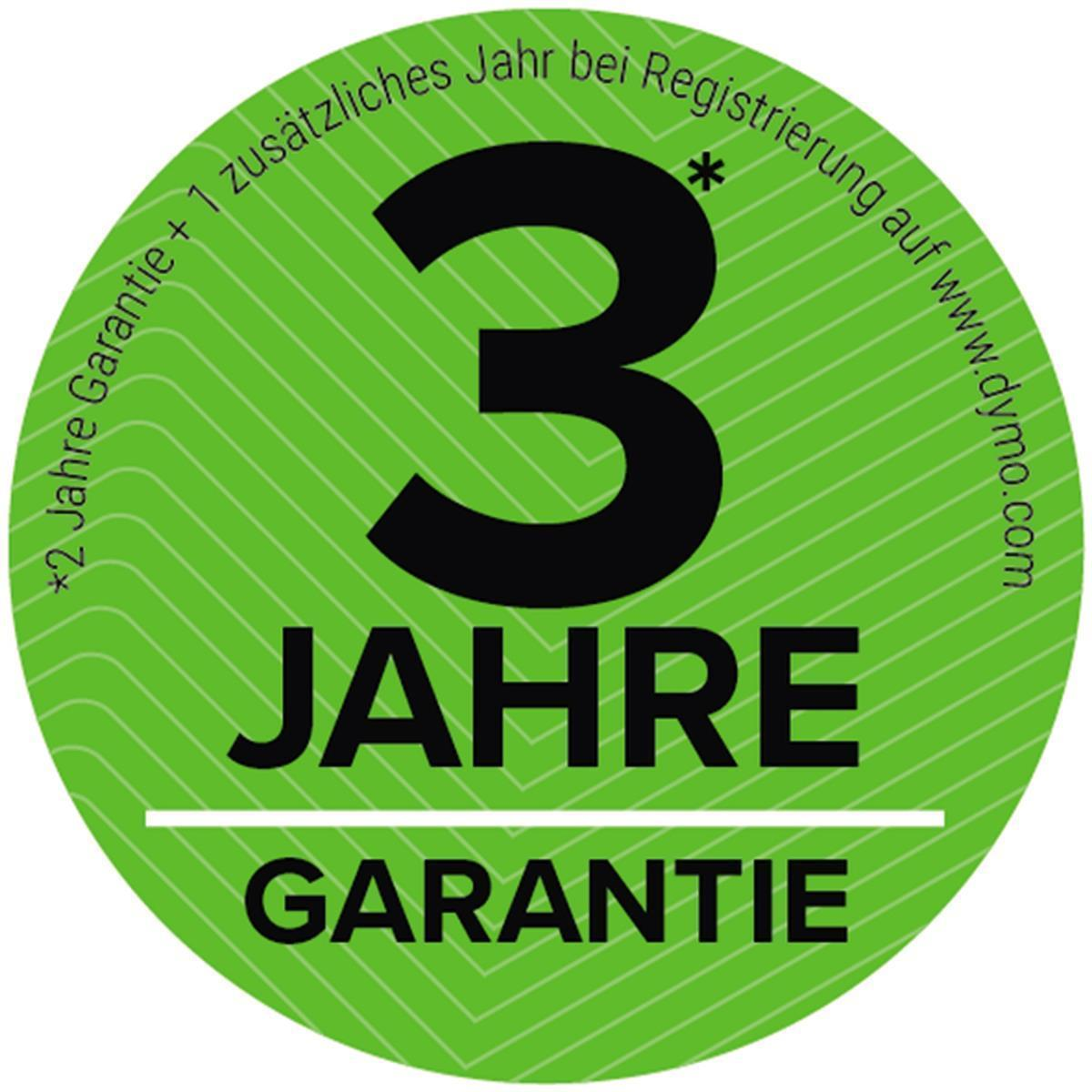 Un adesivo circolare verde pubblicizza una garanzia di 3 anni su un prodotto Dymo.