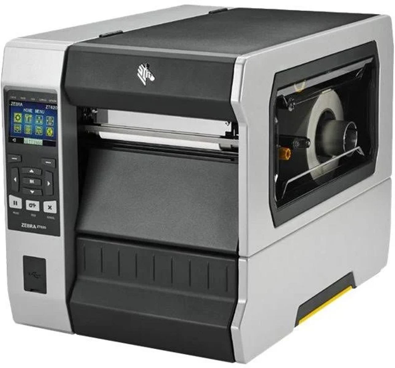 Obraz przedstawia drukarkę etykiet Zebra ZT620, szarą i czarną, na białym tle.