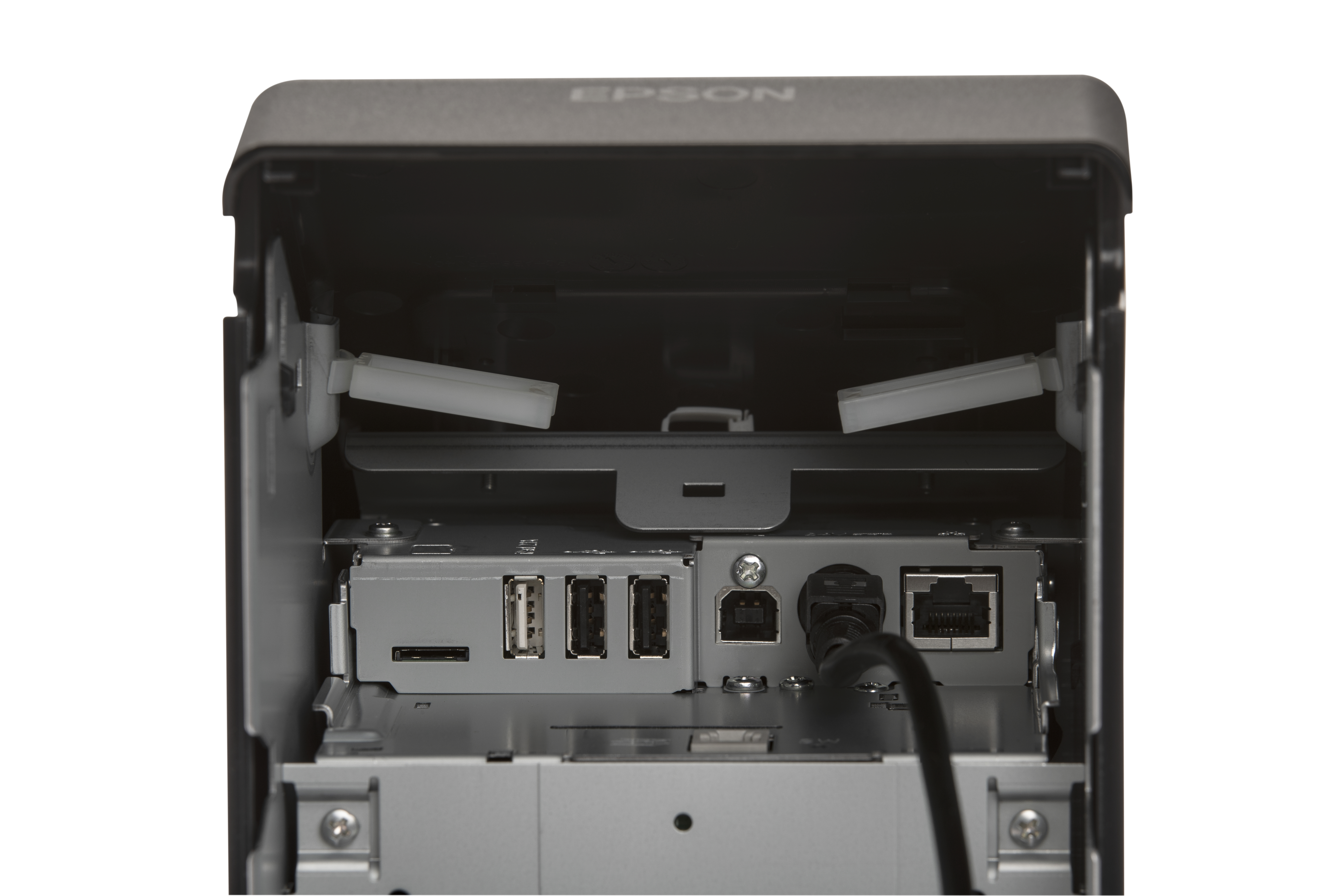 Tył szarej drukarki paragonowej Epson pokazuje porty dla kabli USB, Ethernet i zasilania.