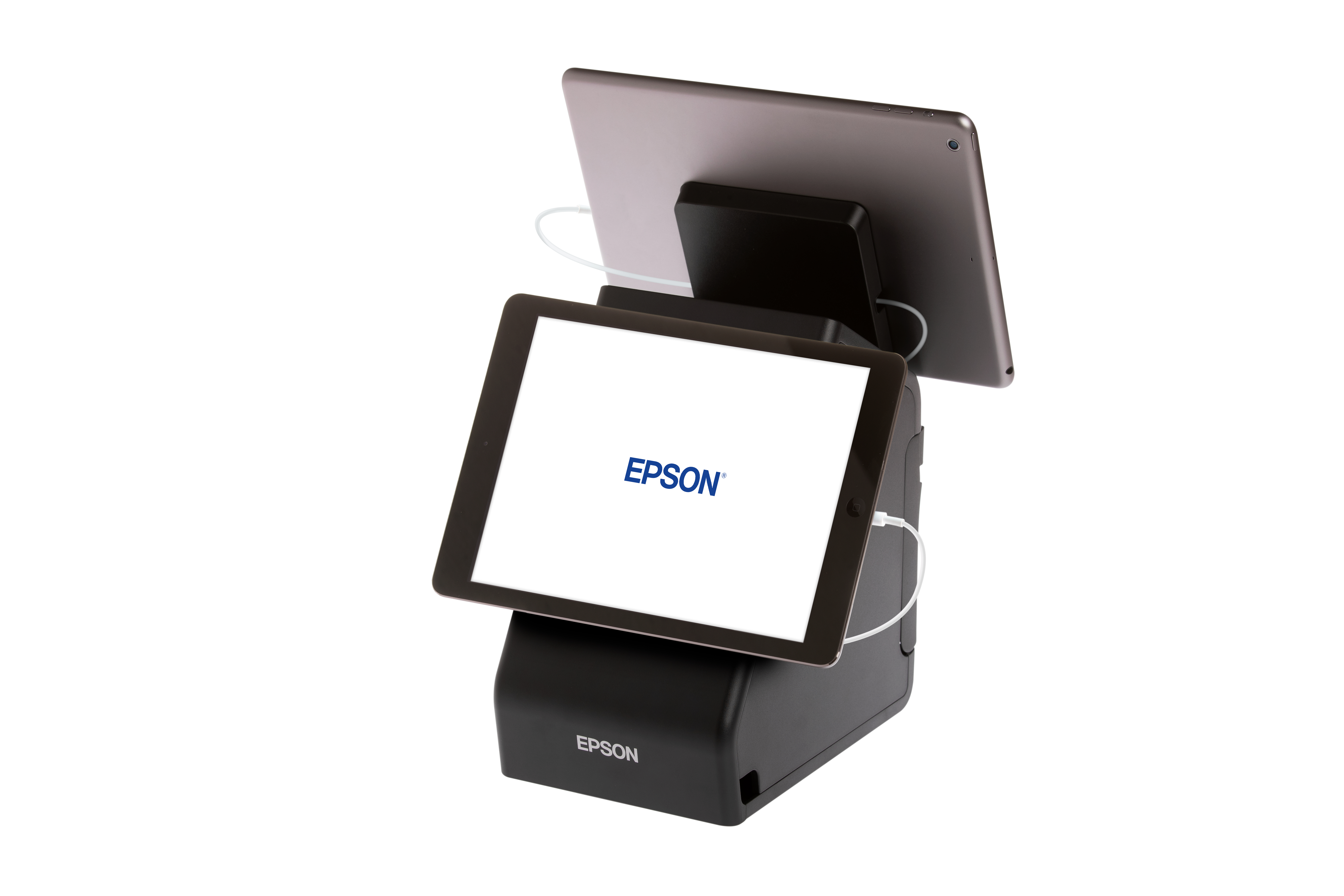 Dwa tablety na czarnym stojaku Epson, oba wyświetlają logo Epson na białym tle.