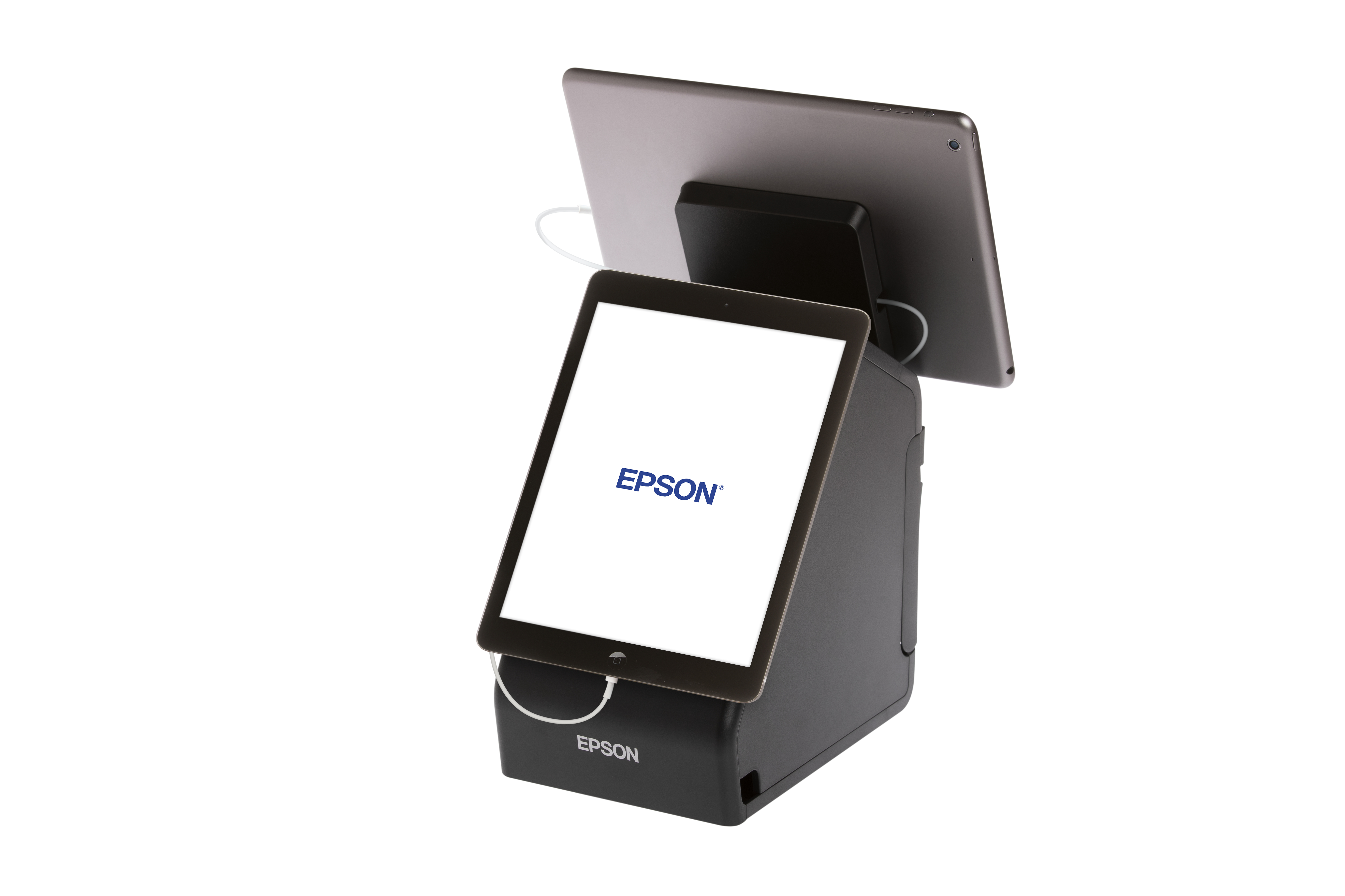 Dwa tablety na czarnym stojaku Epson, oba wyświetlają logo Epson na białym tle.