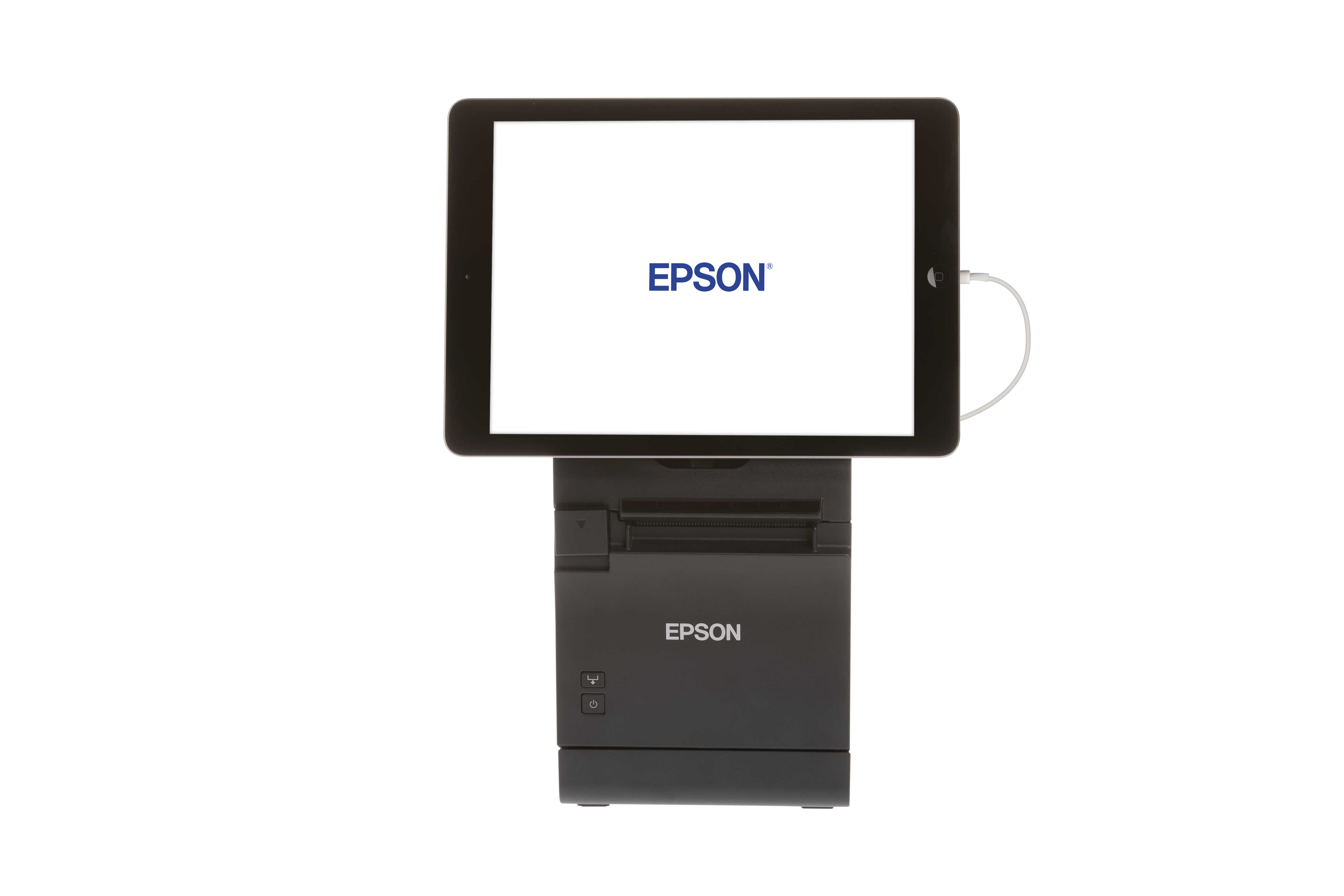 Tablet wyświetlający logo Epson znajduje się na czarnej drukarce paragonowej Epson na białym tle.