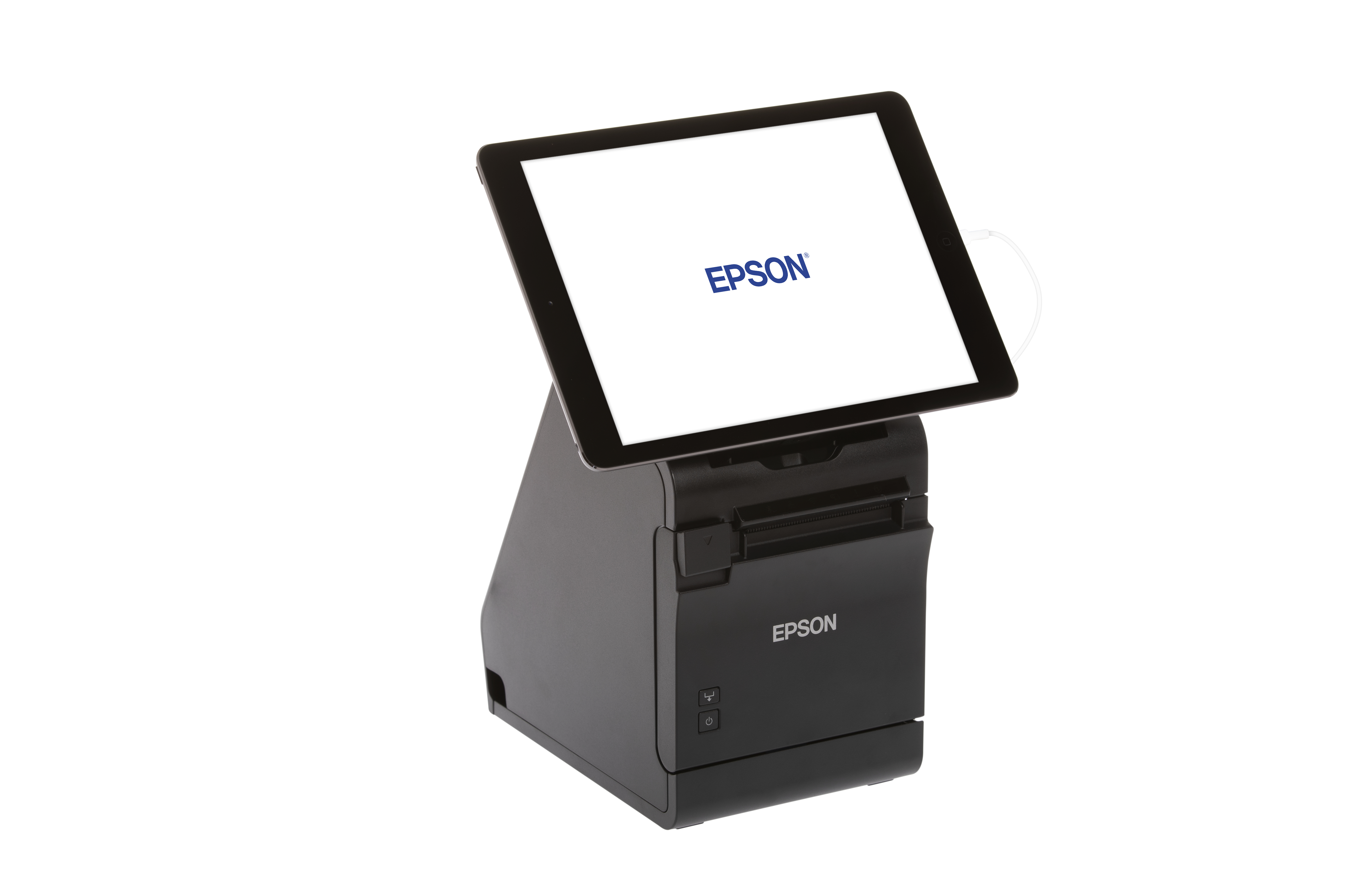 Tablet wyświetlający logo Epson znajduje się na czarnej drukarce Epson na białym tle.