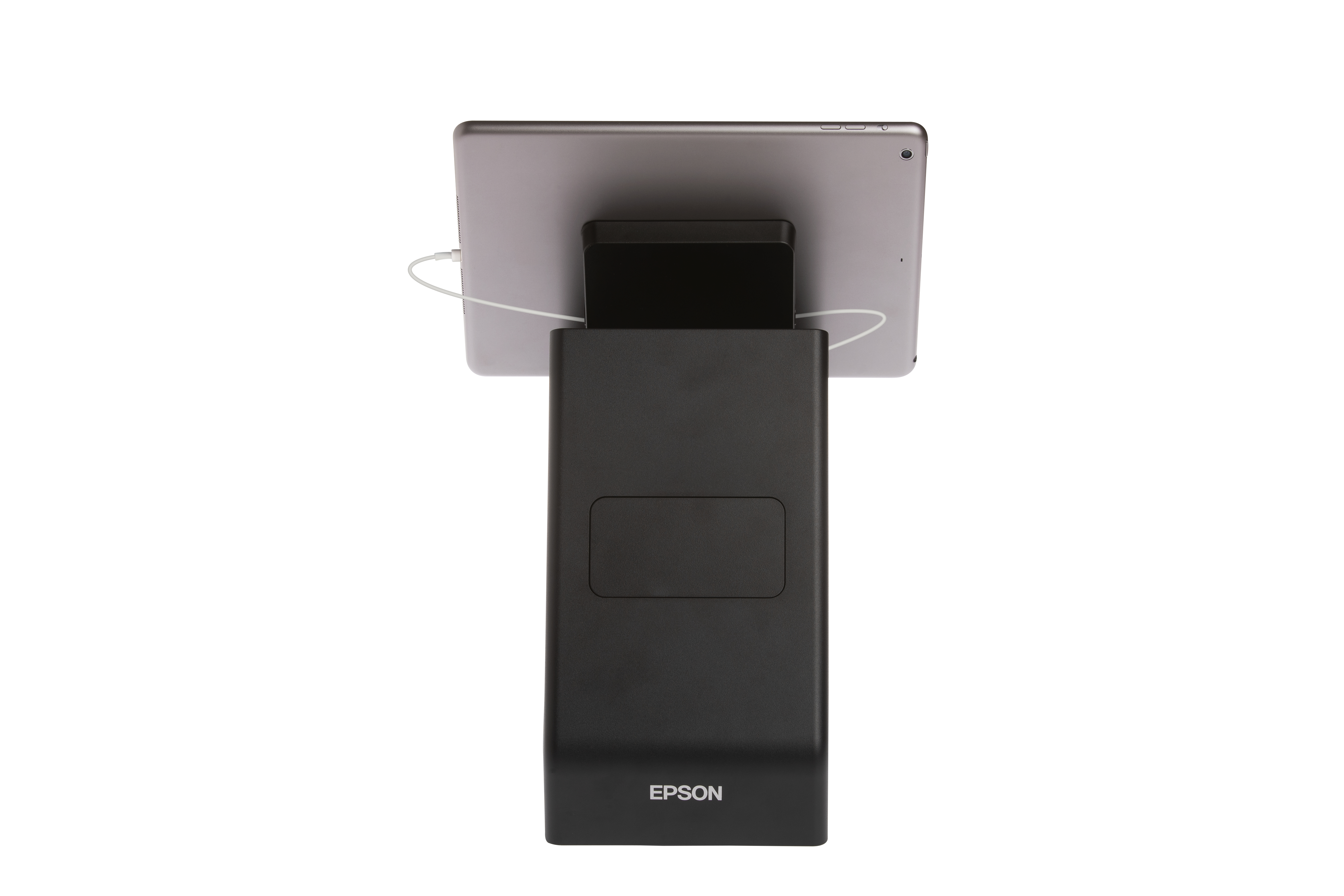 Dwa tablety są zamontowane na czarnym stojaku Epson, na białym tle.