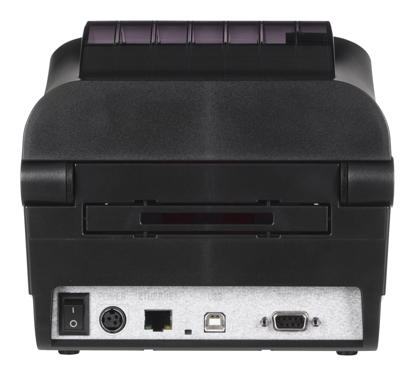 Tył czarnej drukarki termicznej z różnymi portami i widocznym włącznikiem zasilania na białym tle.