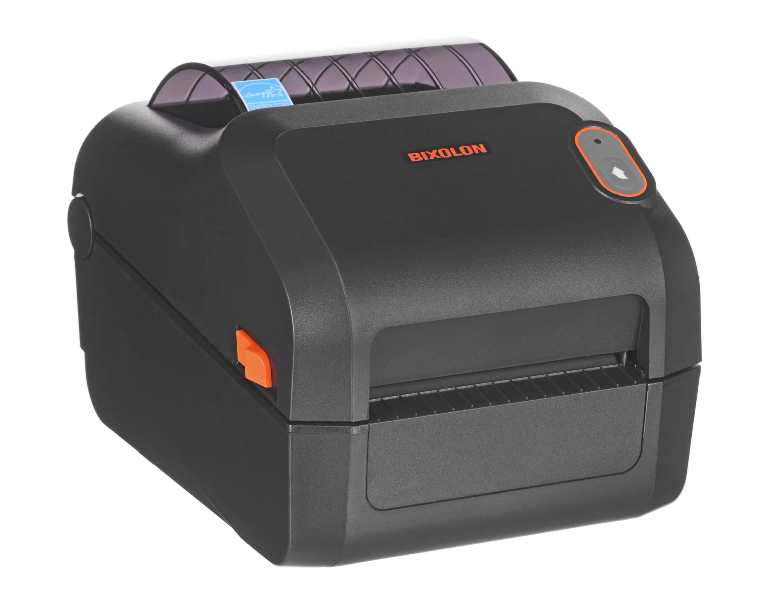 Czarna drukarka etykiet Bixolon z częściowo widocznym logo Energy Star, pomarańczowymi akcentami, na białym tle.