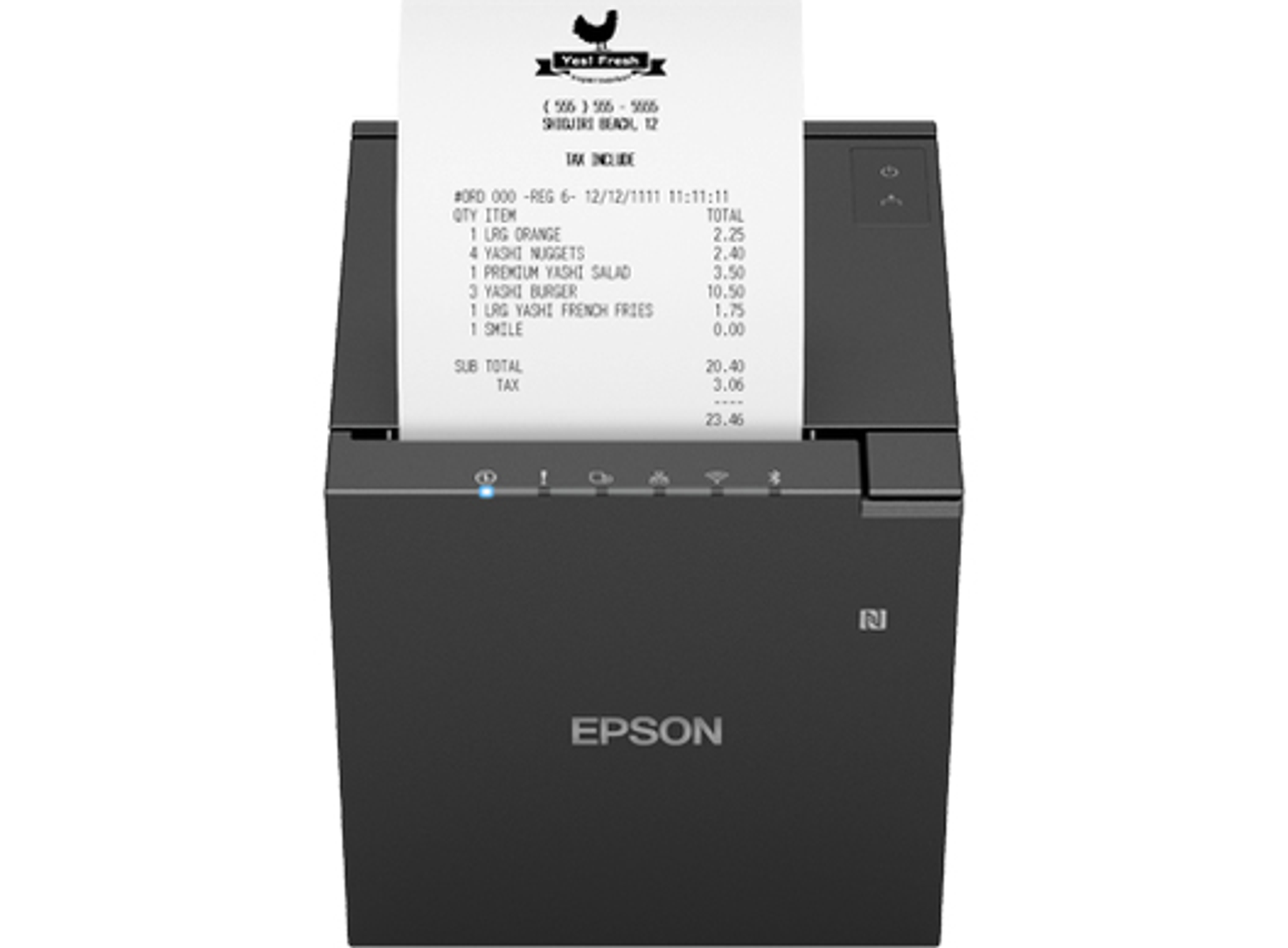 Czarna drukarka paragonów Epson drukująca paragon z zamówieniem jedzenia.