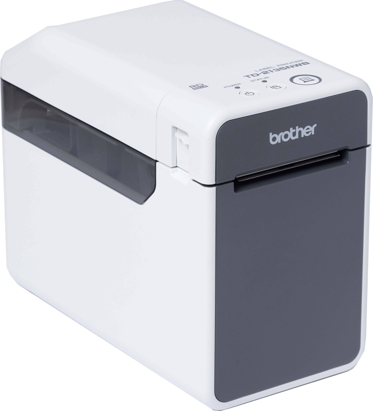 Biało-szara drukarka etykiet Brother na białym tle, widok pod kątem.