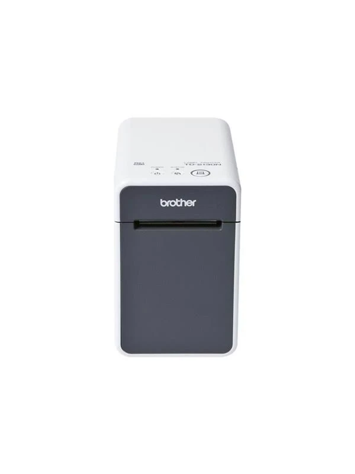 Biało-szara drukarka etykiet Brother wyśrodkowana na białym tle.