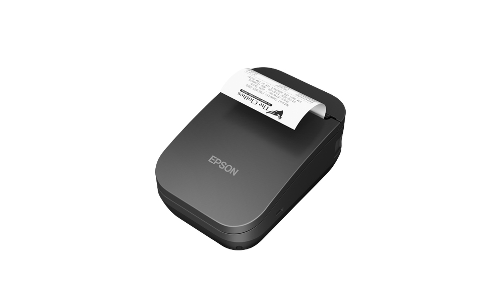 Ciemnoszara drukarka paragonów Epson wyrzucająca paragon na białym tle.