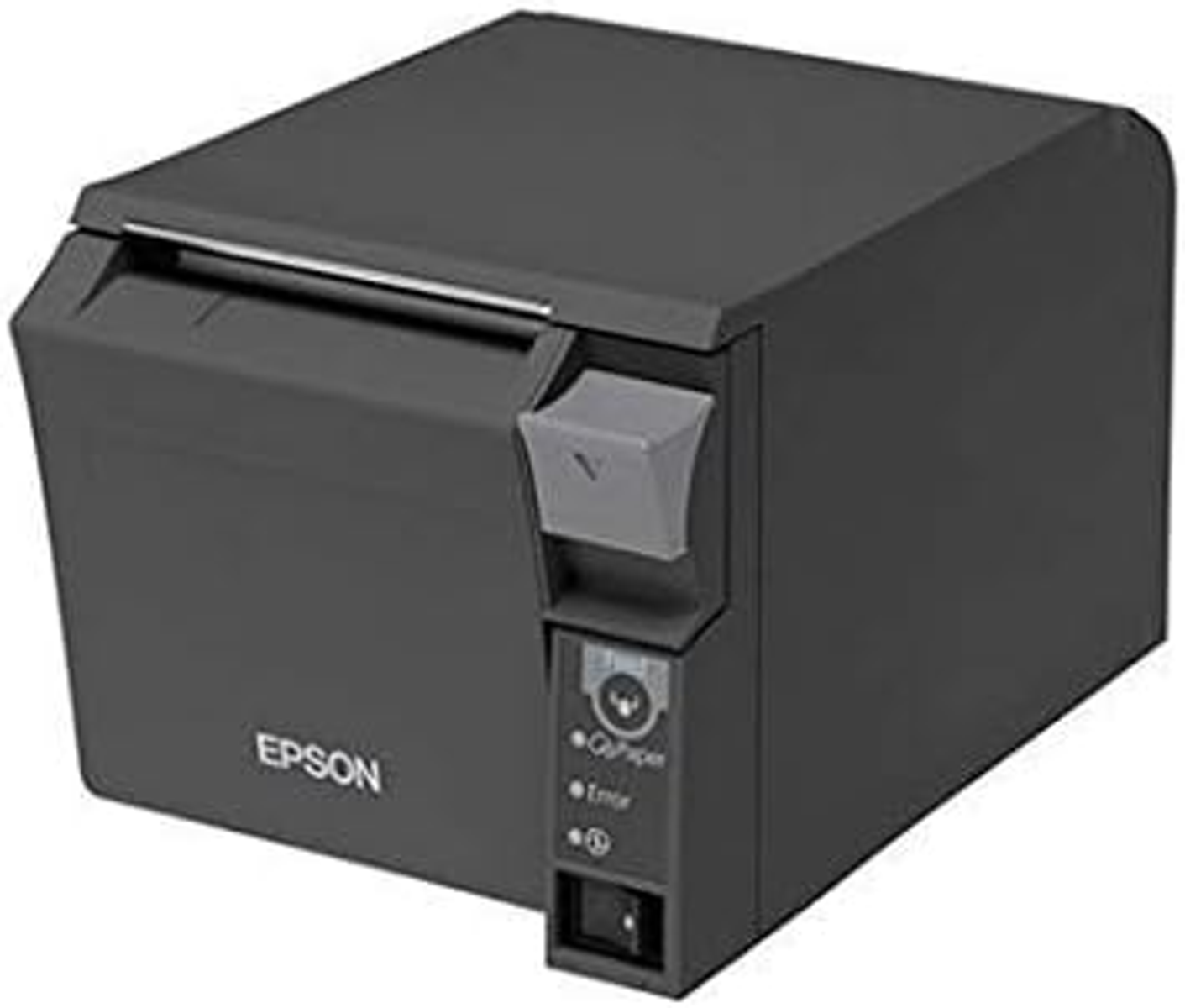 Szara termiczna drukarka paragonów Epson z przyciskiem zasilania i lampkami kontrolnymi.
