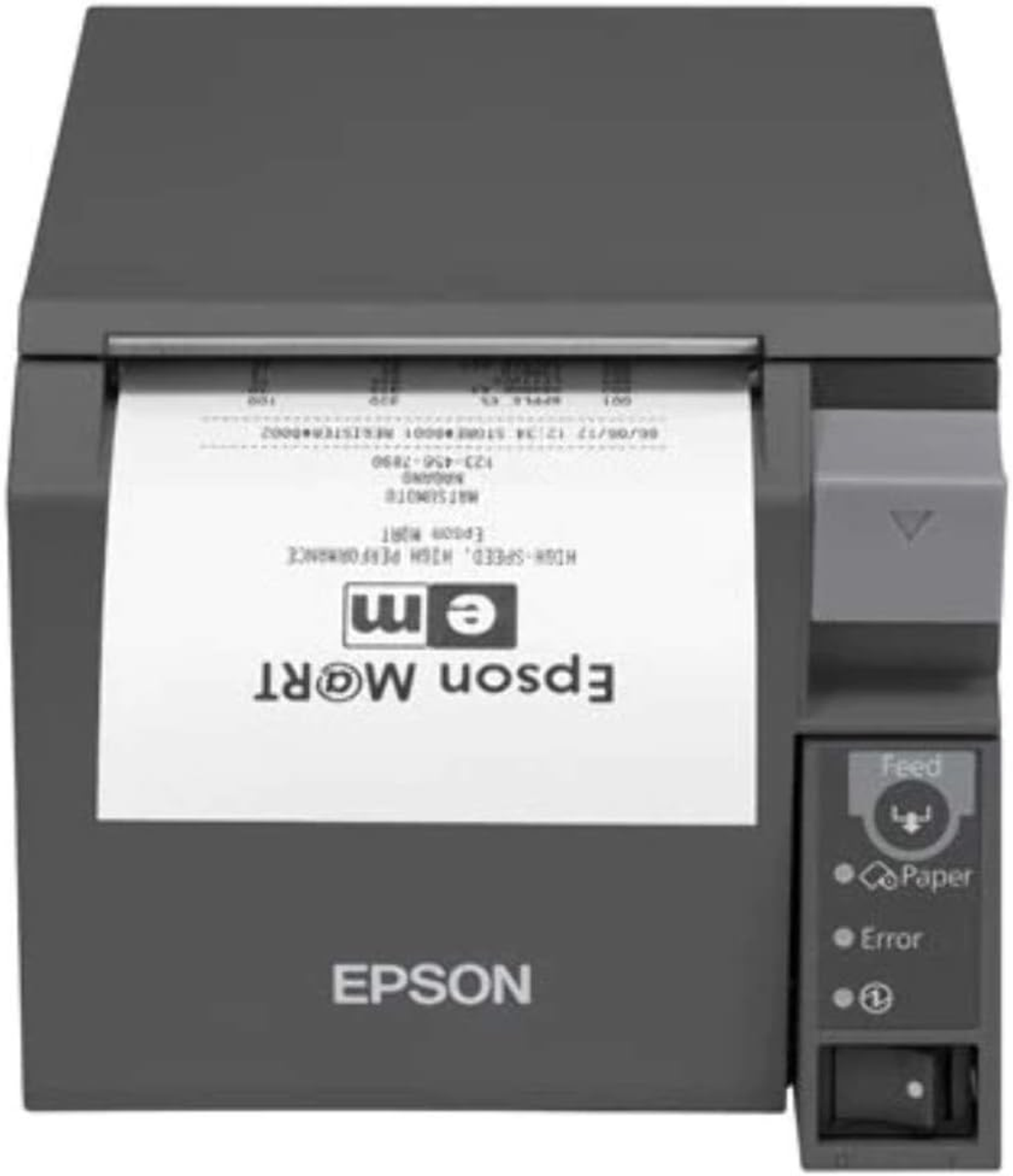 Szara drukarka paragonów Epson drukująca paragon z logo Epson.