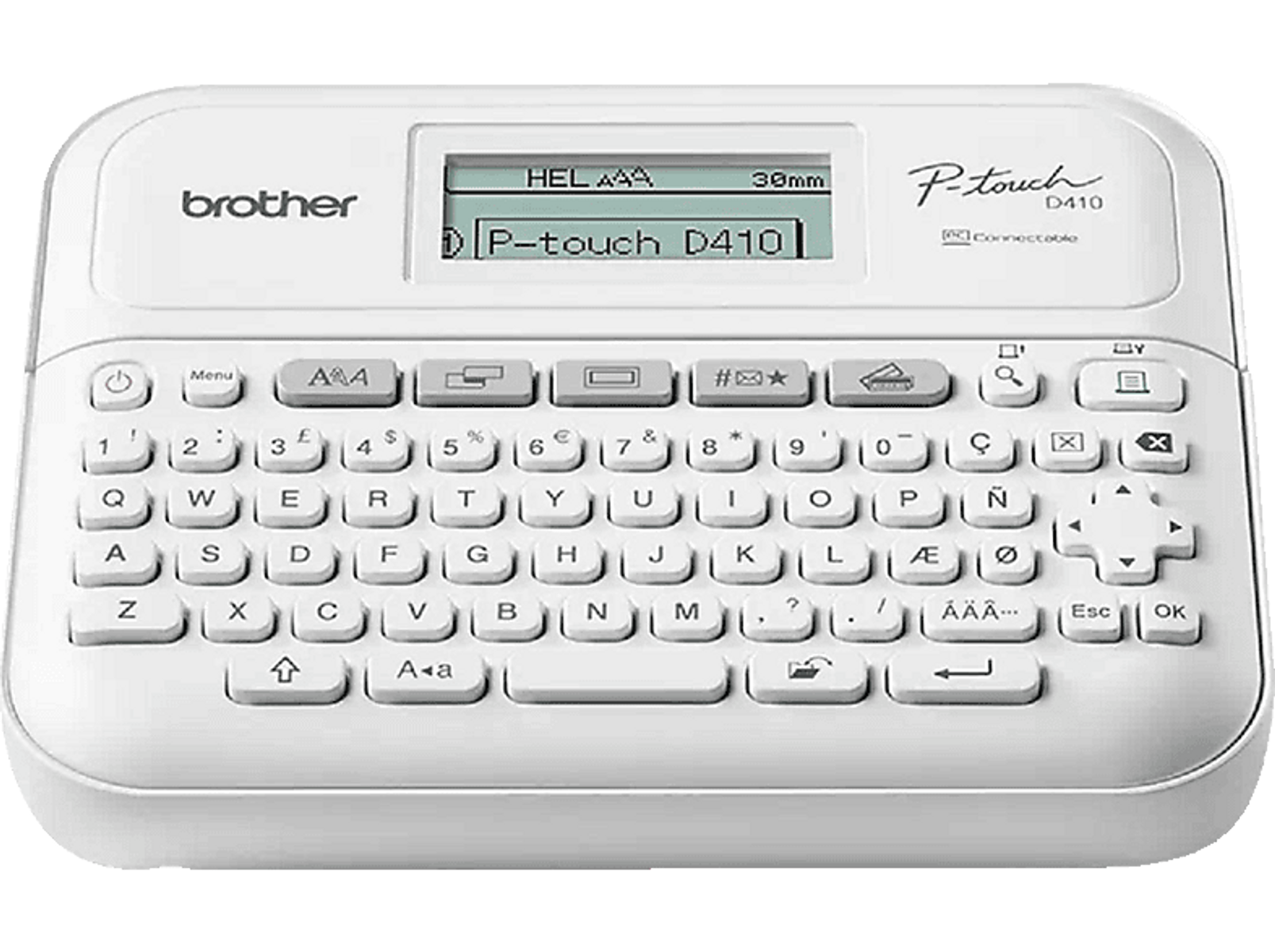 Biała drukarka etykiet Brother P-touch D410 z klawiaturą QWERTY i ekranem LCD.