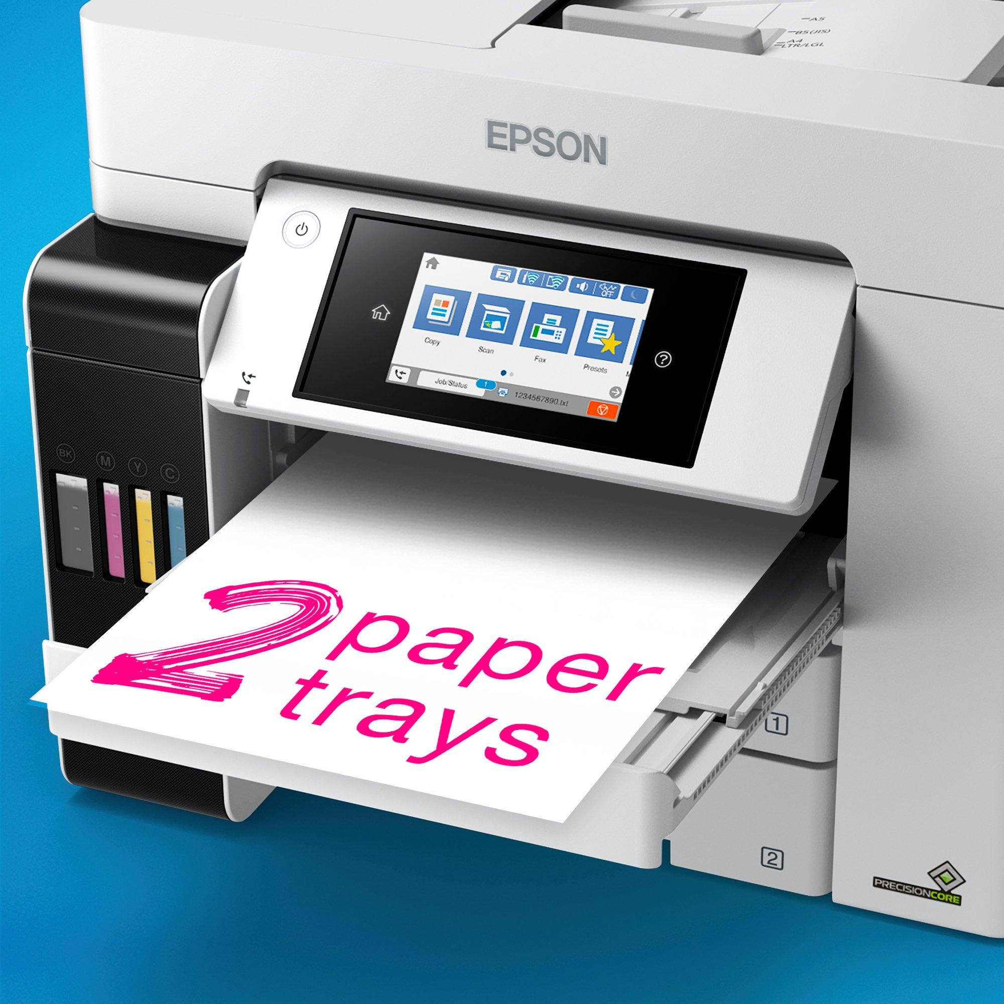 Una stampante Epson con 2 vassoi carta, che visualizza uno schermo digitale con icone.