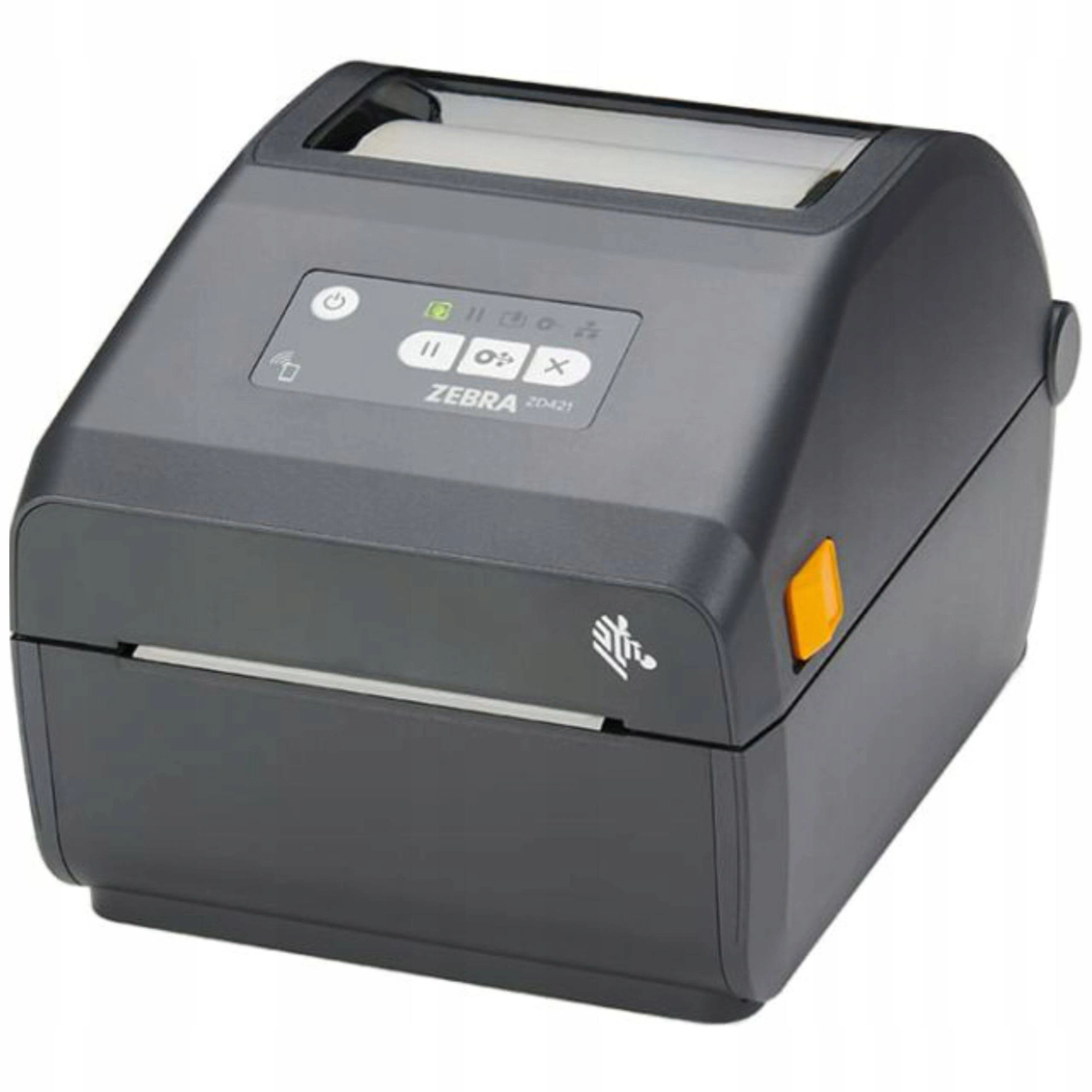 Una stampante per etichette Zebra ZD421 grigia con una leva arancione su uno sfondo bianco.