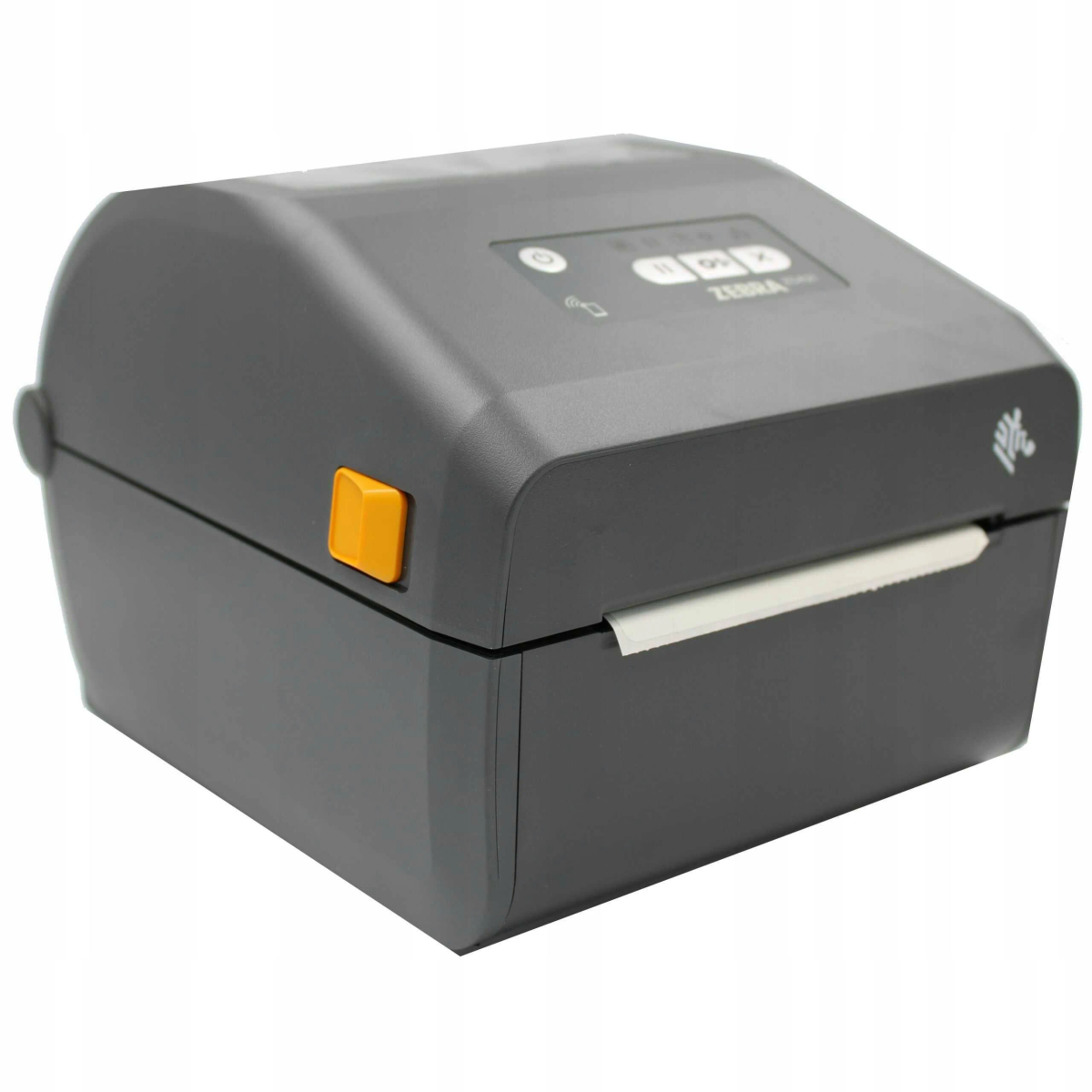 Una stampante per etichette Zebra ZD421 grigia con una leva arancione su uno sfondo bianco.