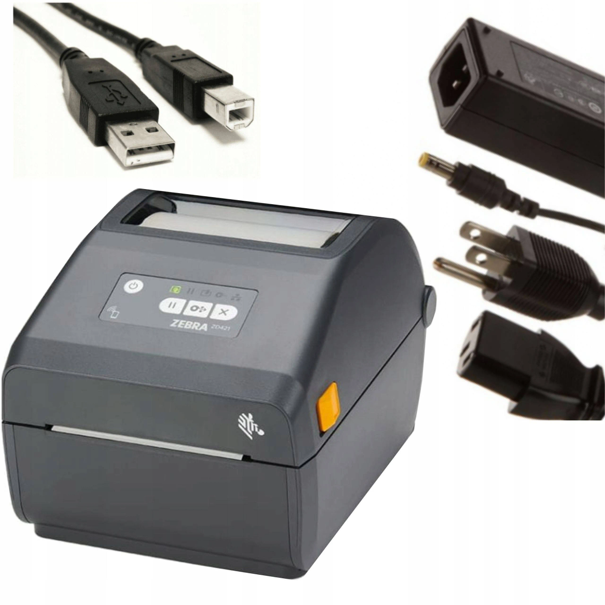 Una stampante Zebra grigia con cavi di alimentazione e USB su sfondo bianco.