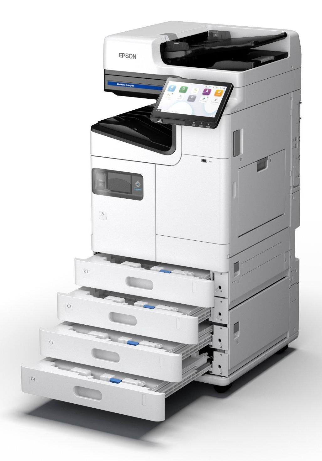 Una stampante Epson bianca con quattro vassoi di carta e un display touchscreen.